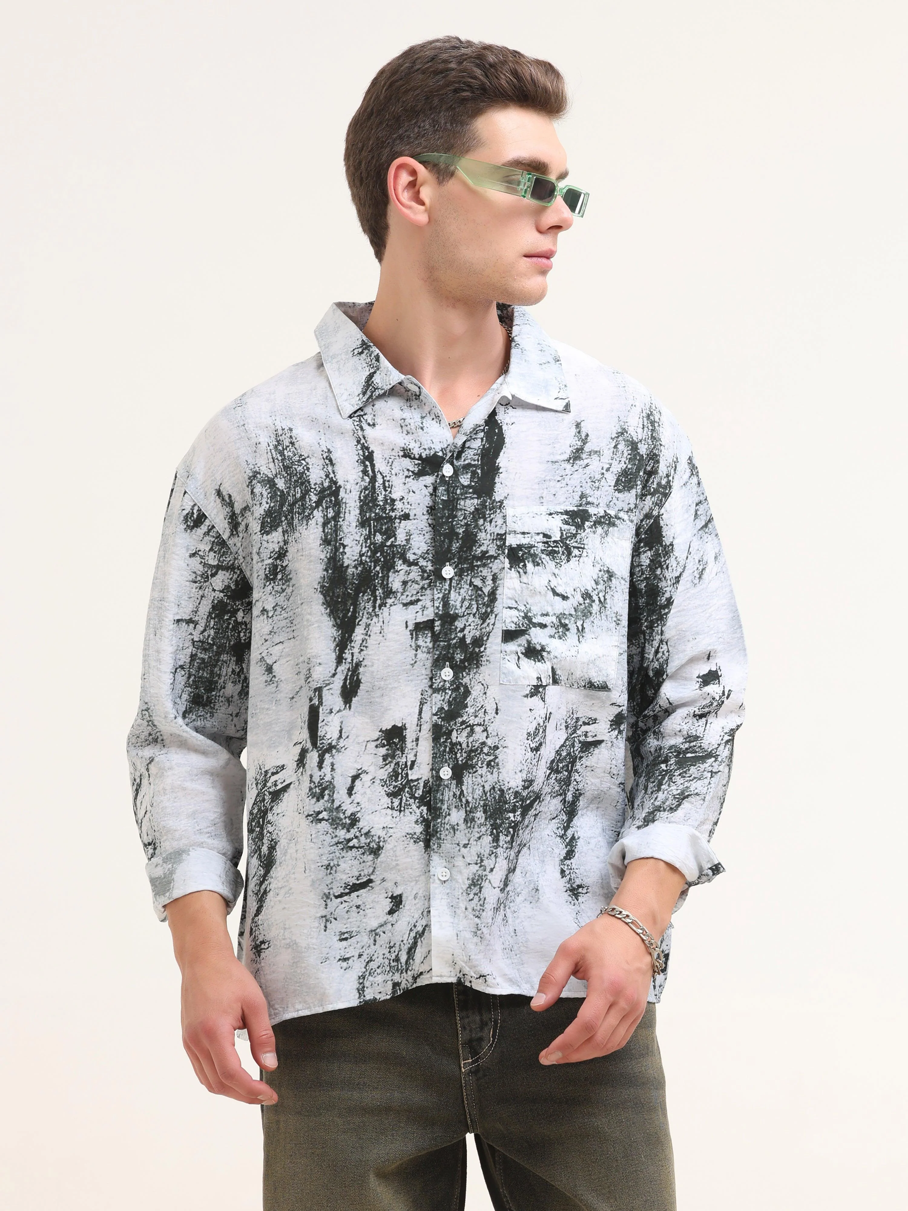 Tar Baggy Printed Shirt- Green - Image 3