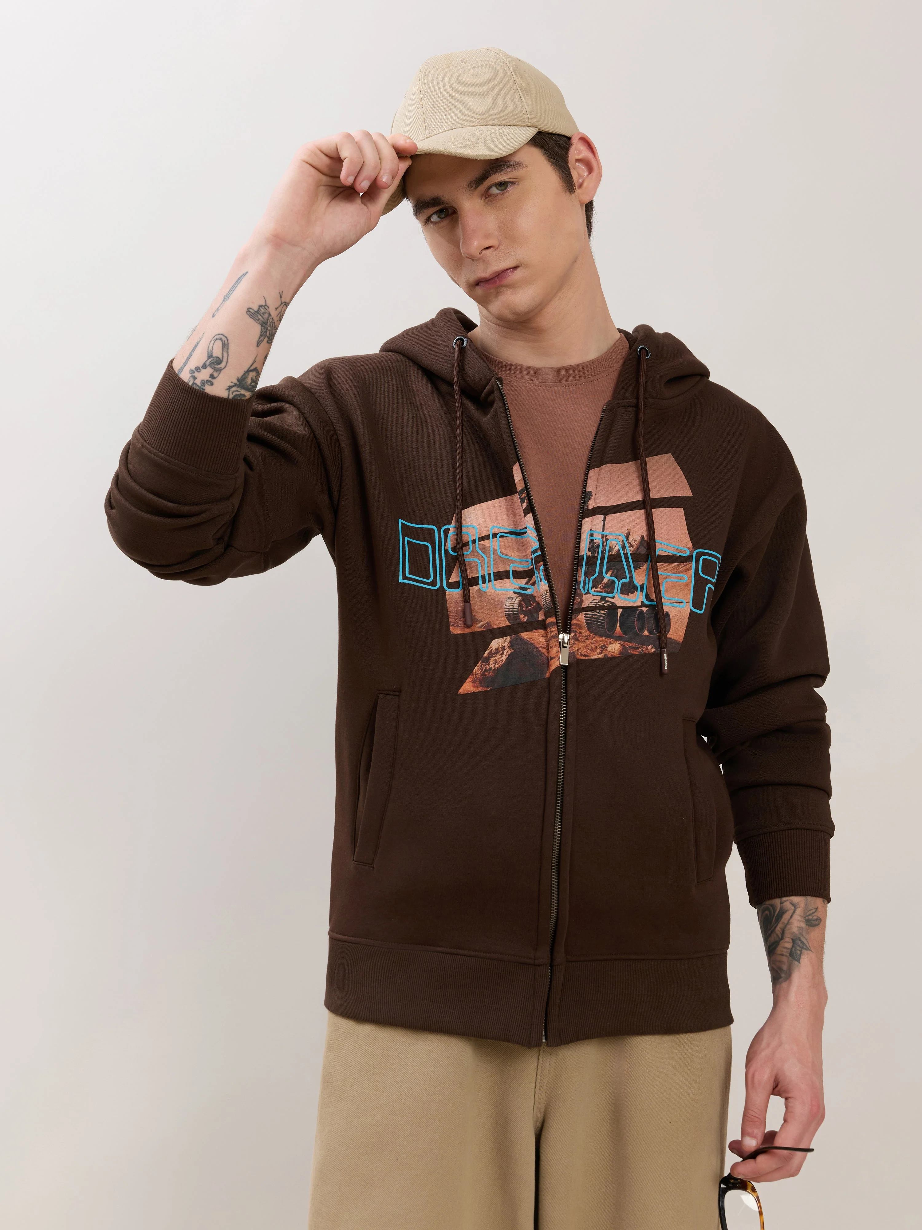 Apex - Relaxed Fit Printed Zipper Hoodies - Dark Brown - Image 6