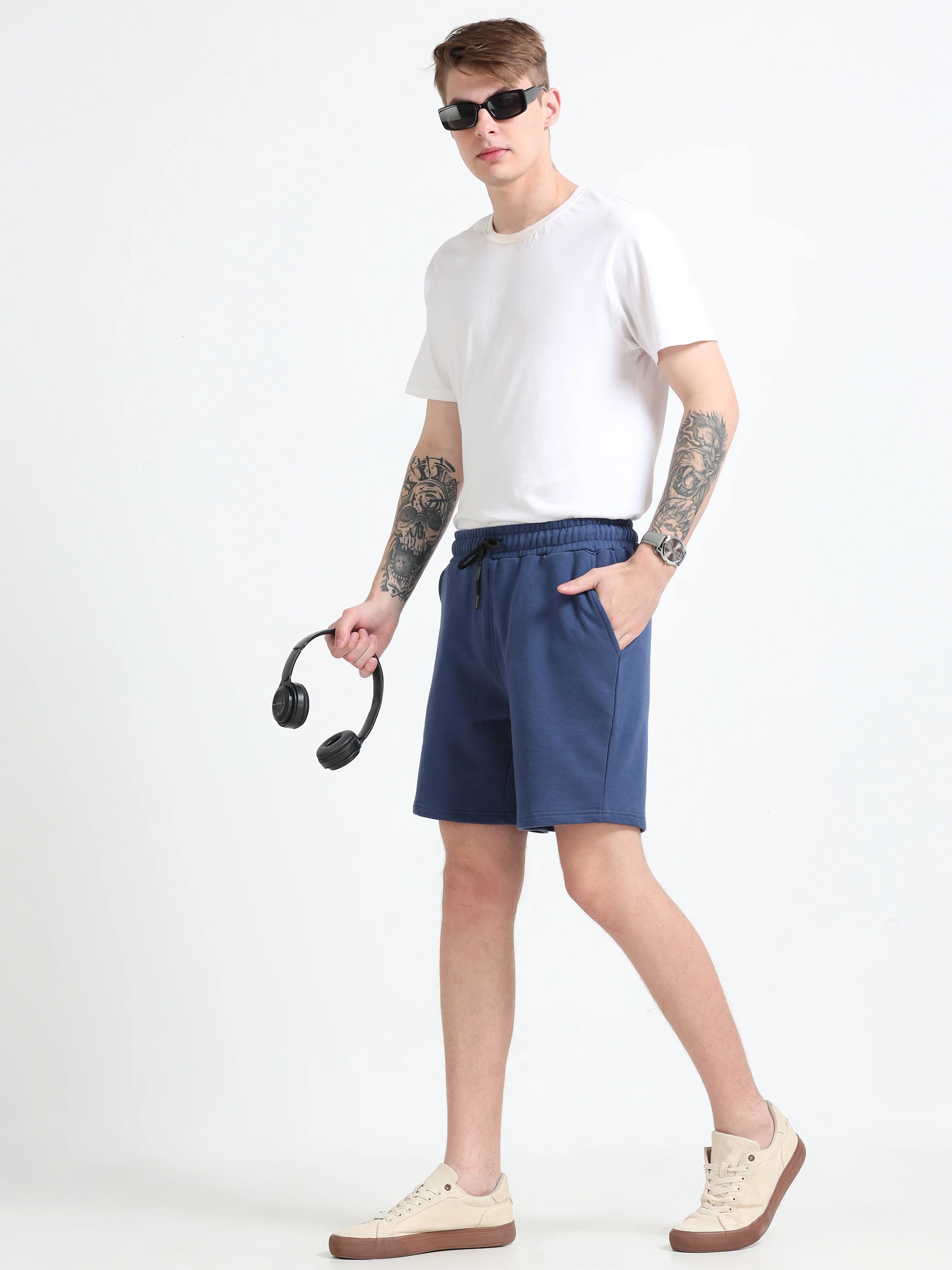 Asheran - Plain Cotton Shorts - Navy Blue - Image 8