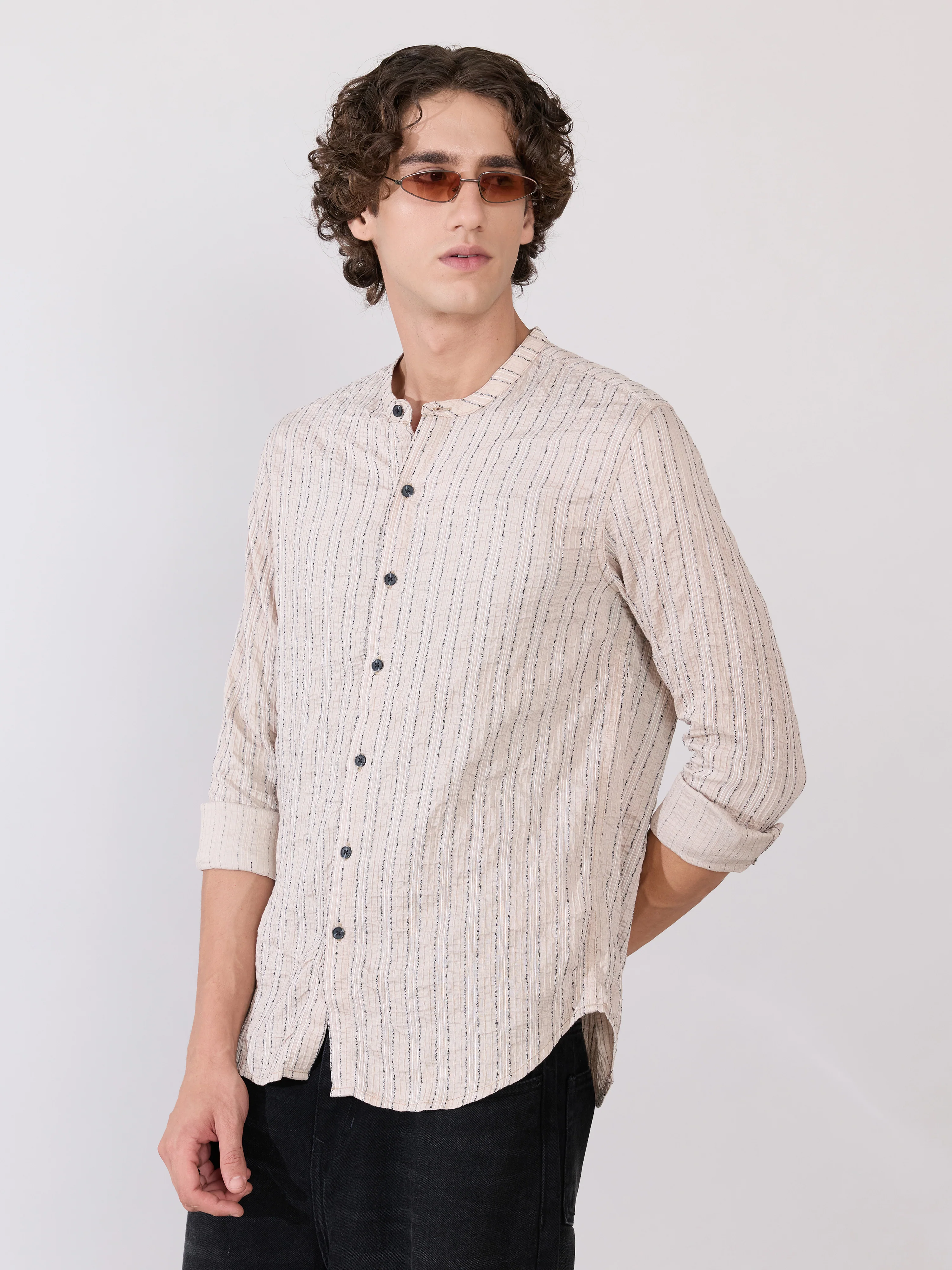 Aumena - Crinkle Pattern Striped Band Neck Shirt - Beige - Image 5