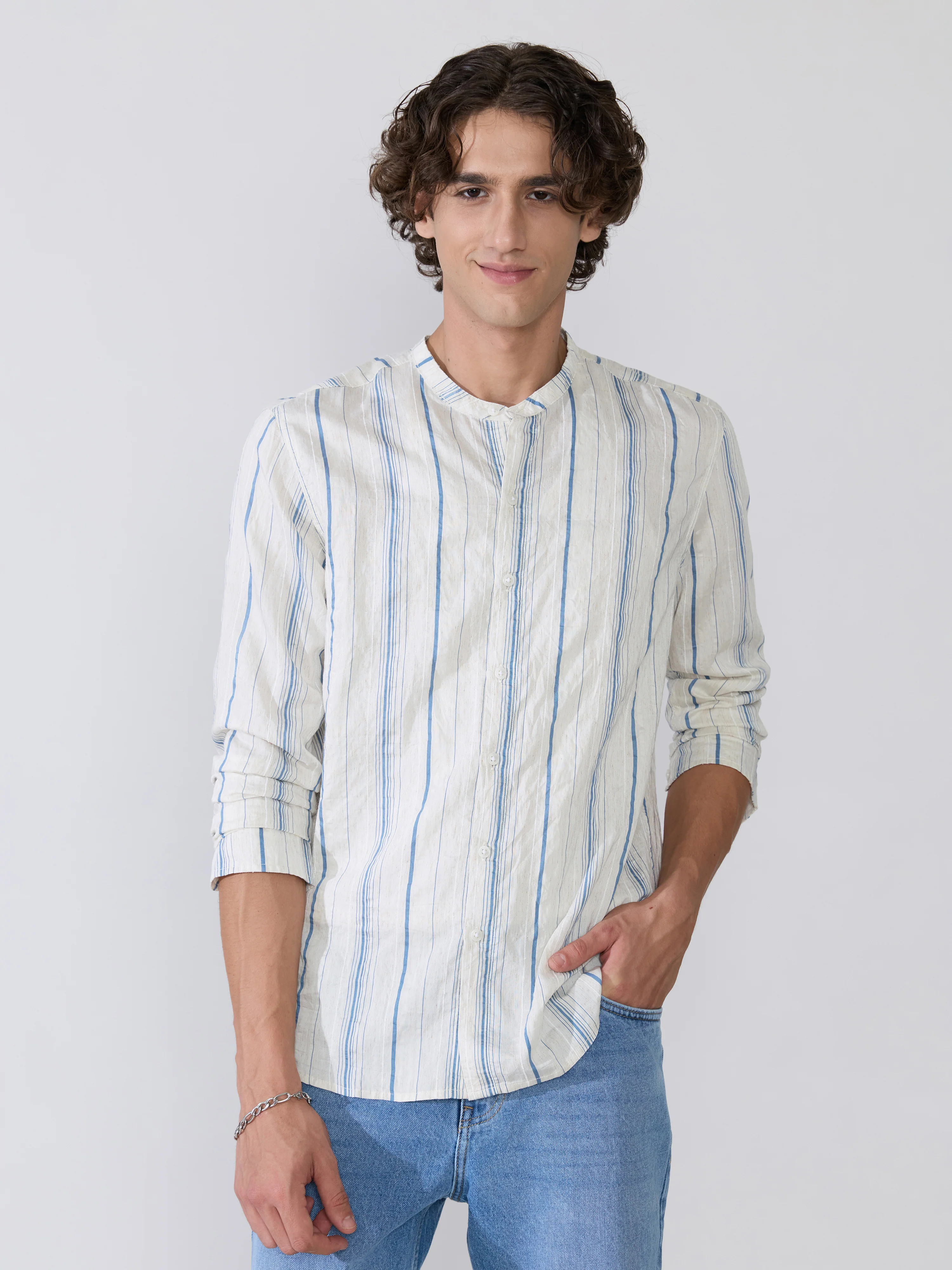 Aumena - Crinkle Pattern Striped Band Neck Shirt - Blue