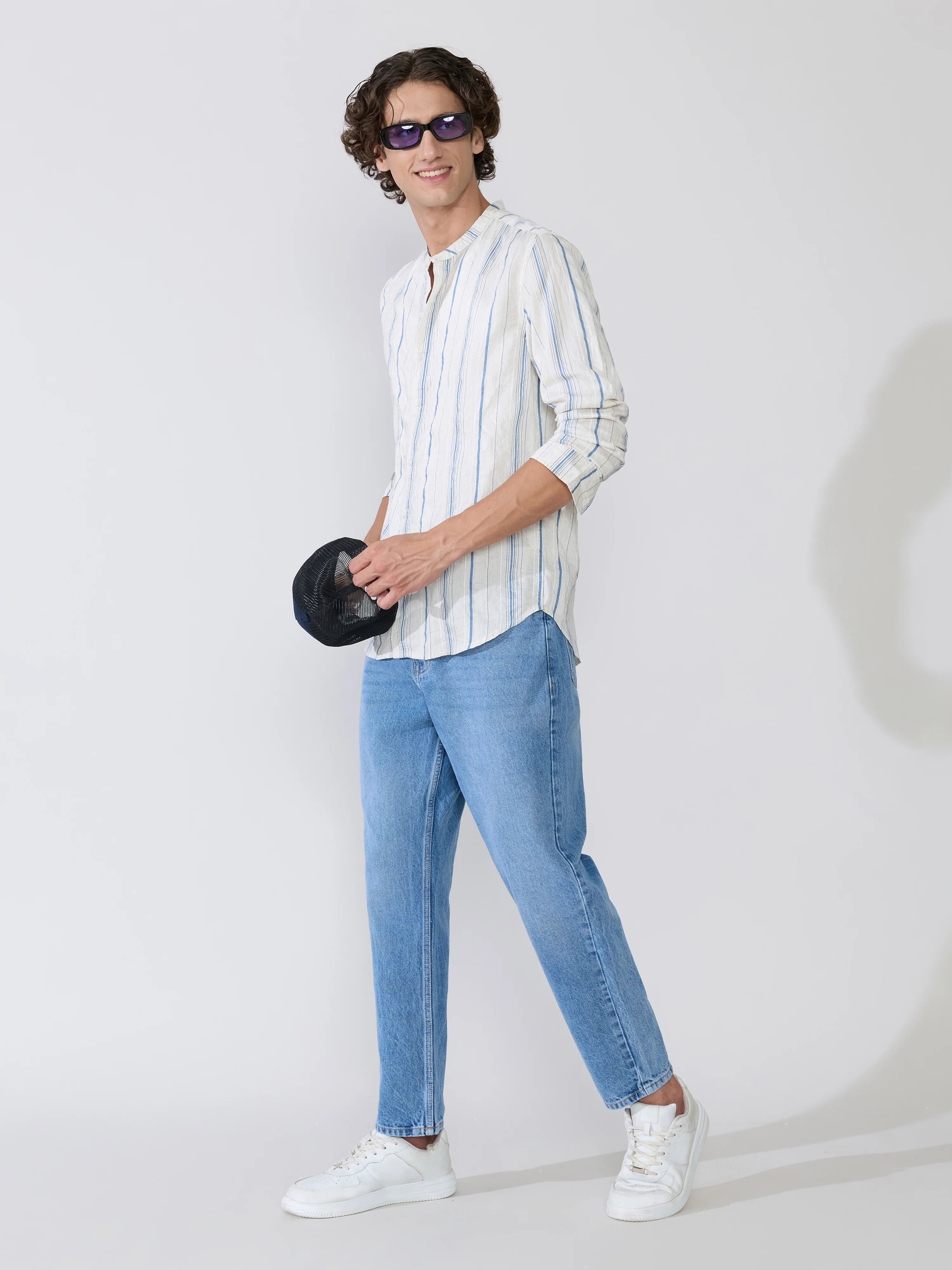 Aumena - Crinkle Pattern Striped Band Neck Shirt - Blue - Image 2