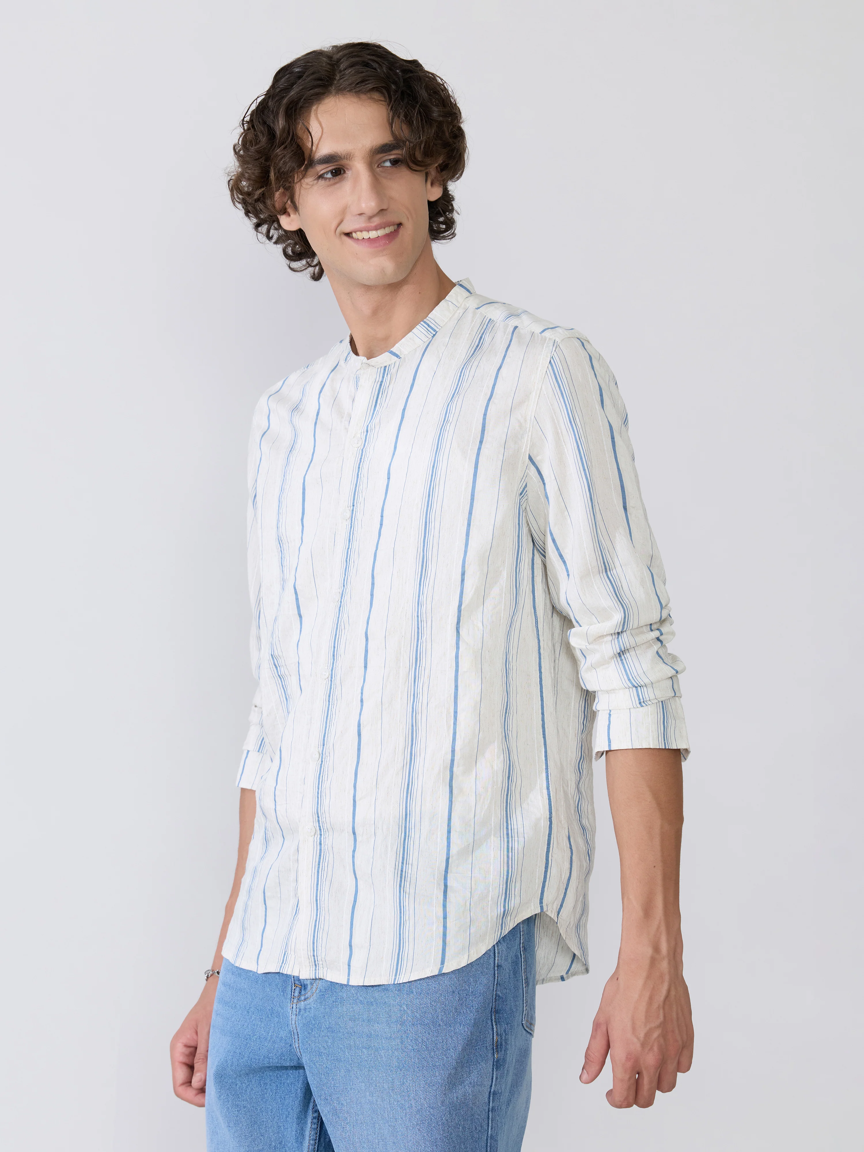 Aumena - Crinkle Pattern Striped Band Neck Shirt - Blue - Image 4