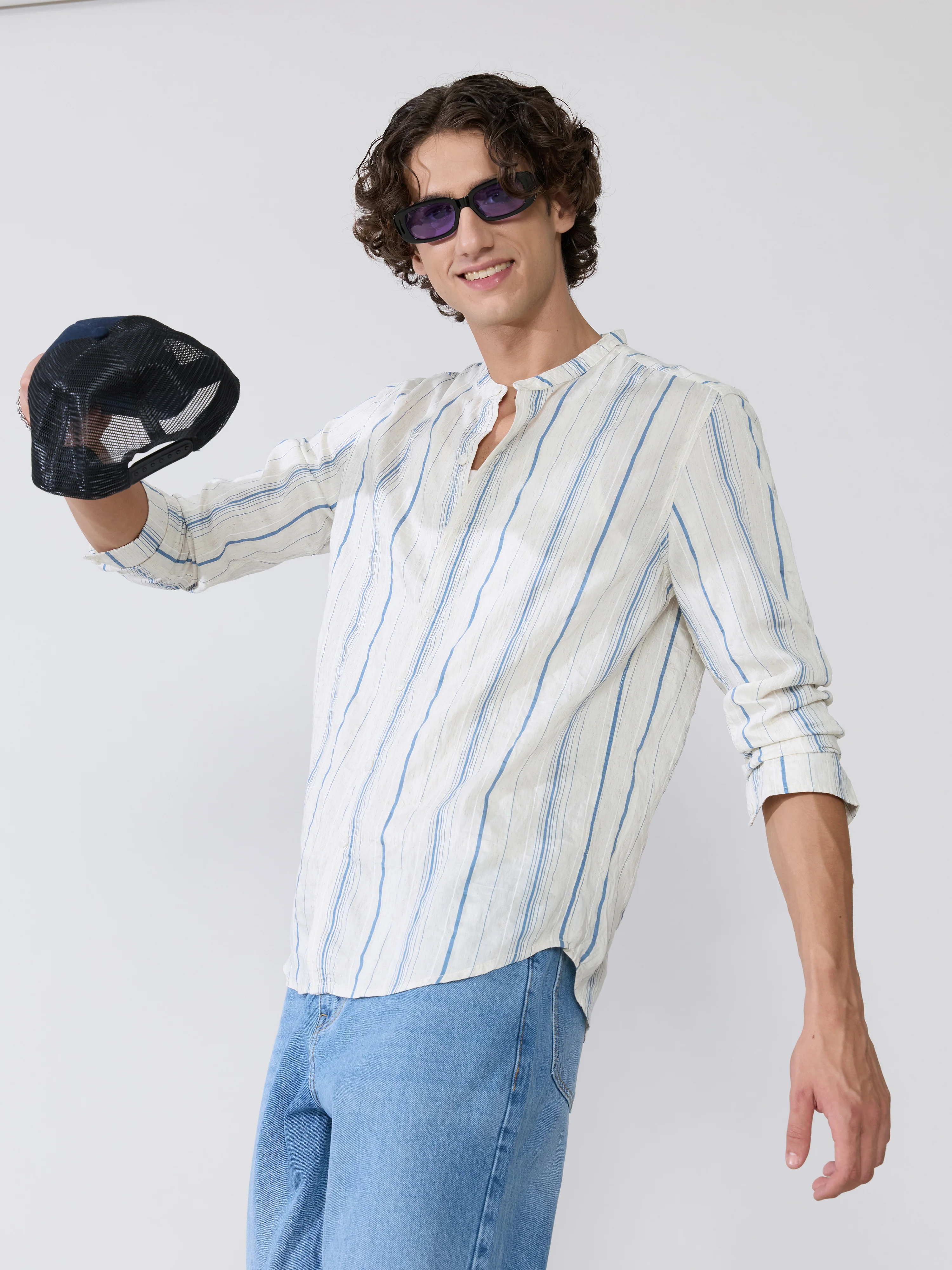 Aumena - Crinkle Pattern Striped Band Neck Shirt - Blue - Image 5