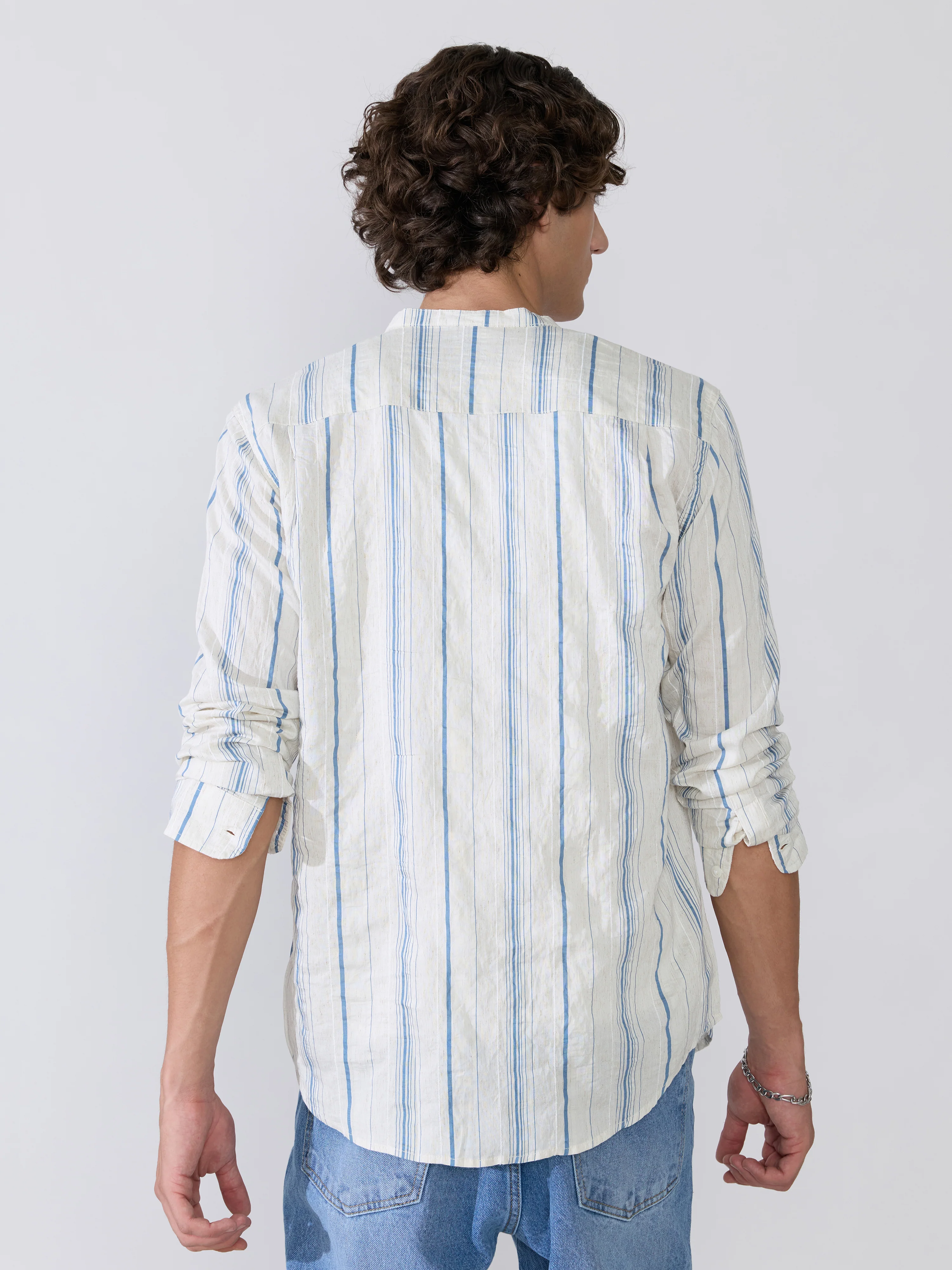 Aumena - Crinkle Pattern Striped Band Neck Shirt - Blue - Image 6