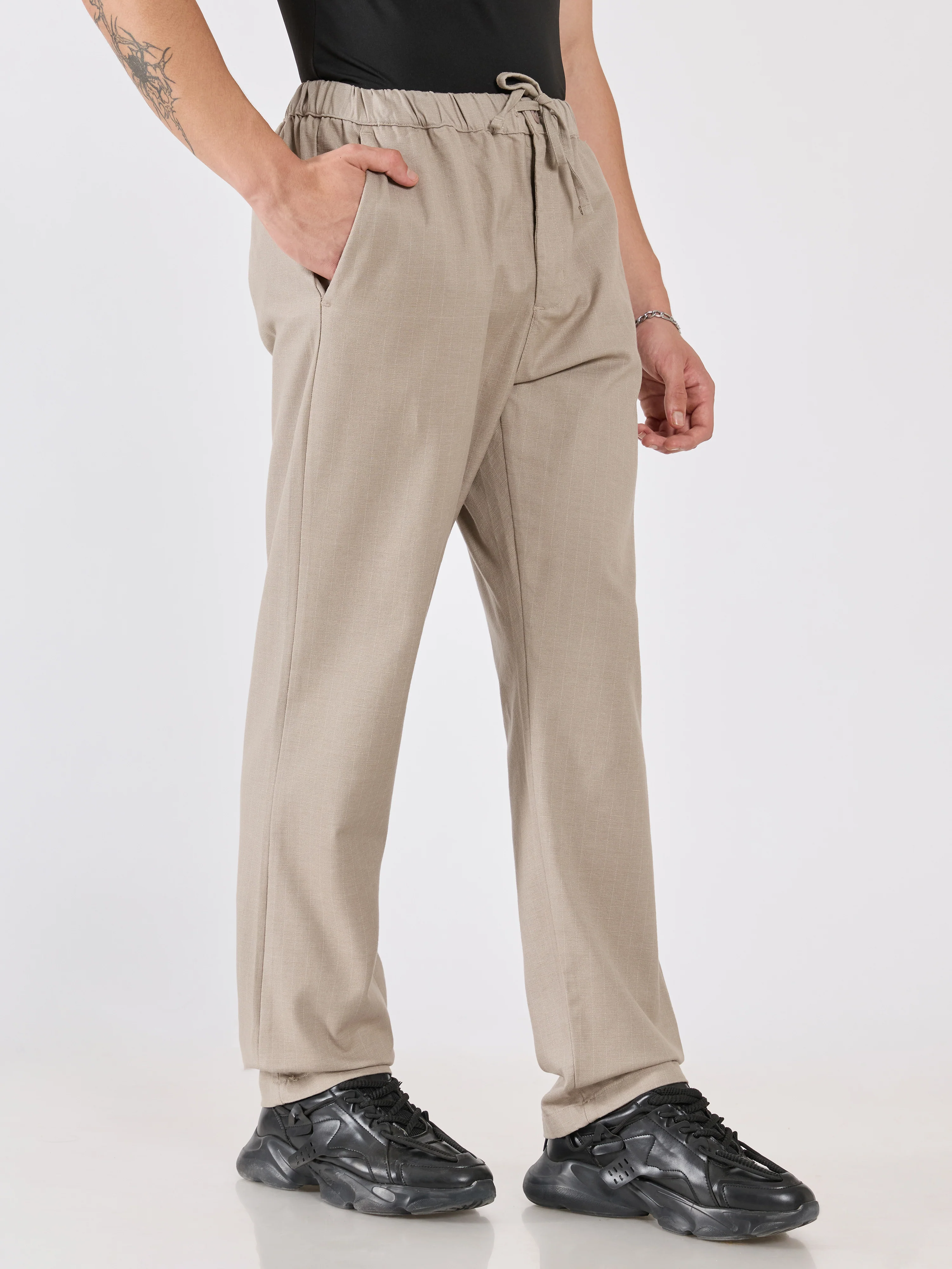 Banano - Striped Drawstring Loose Fit Pant - Beige