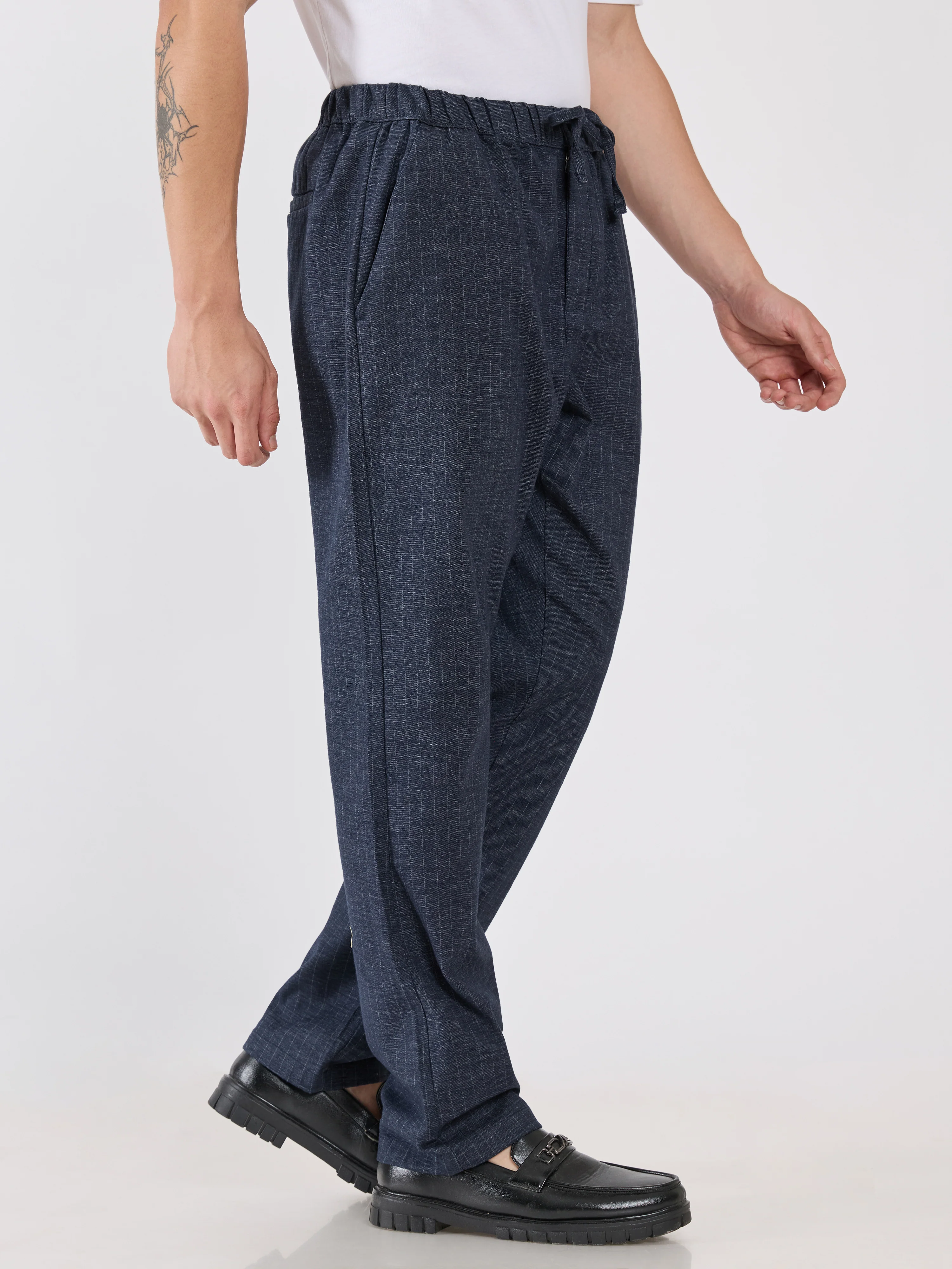 Banano - Striped Drawstring Loose Fit Pant - Navy