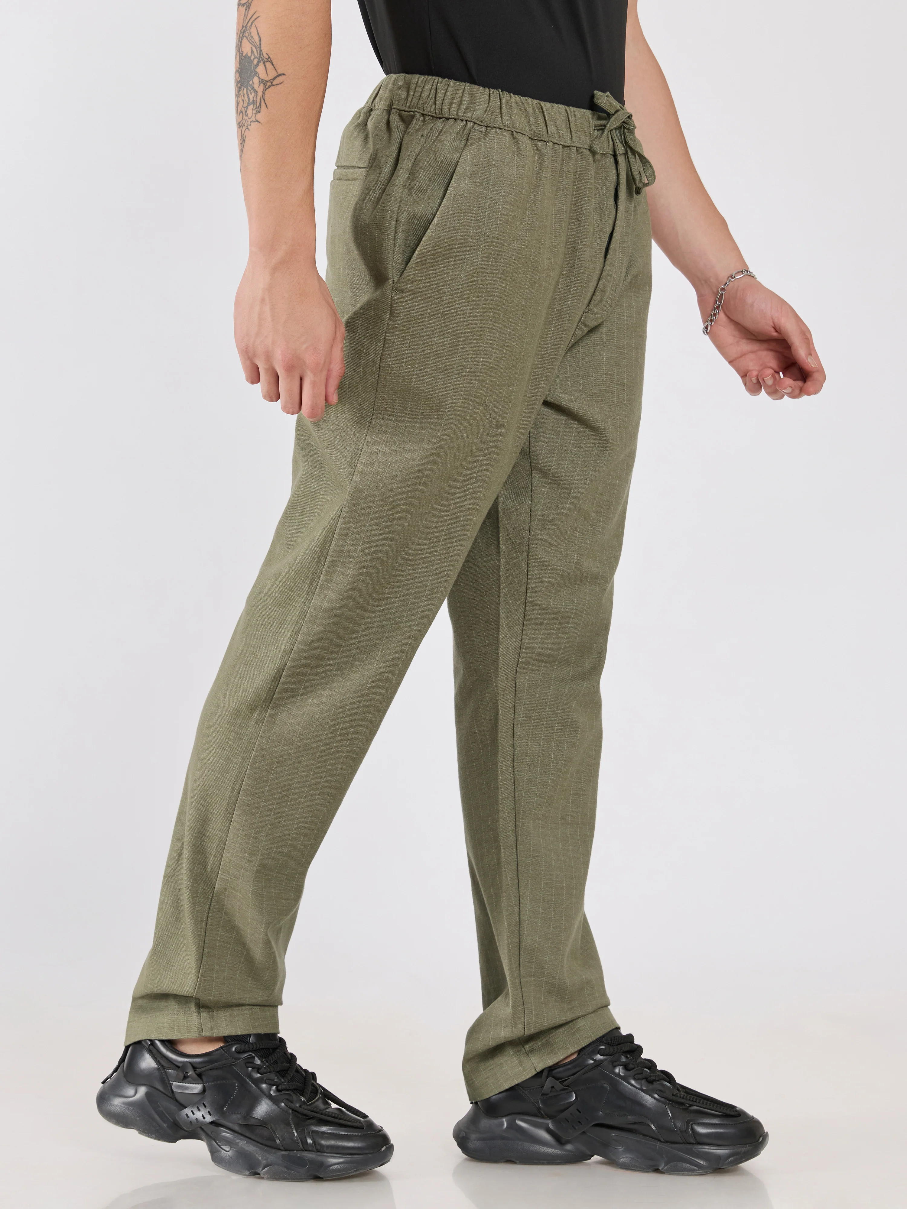 Banano - Striped Drawstring Loose Fit Pant - Olive