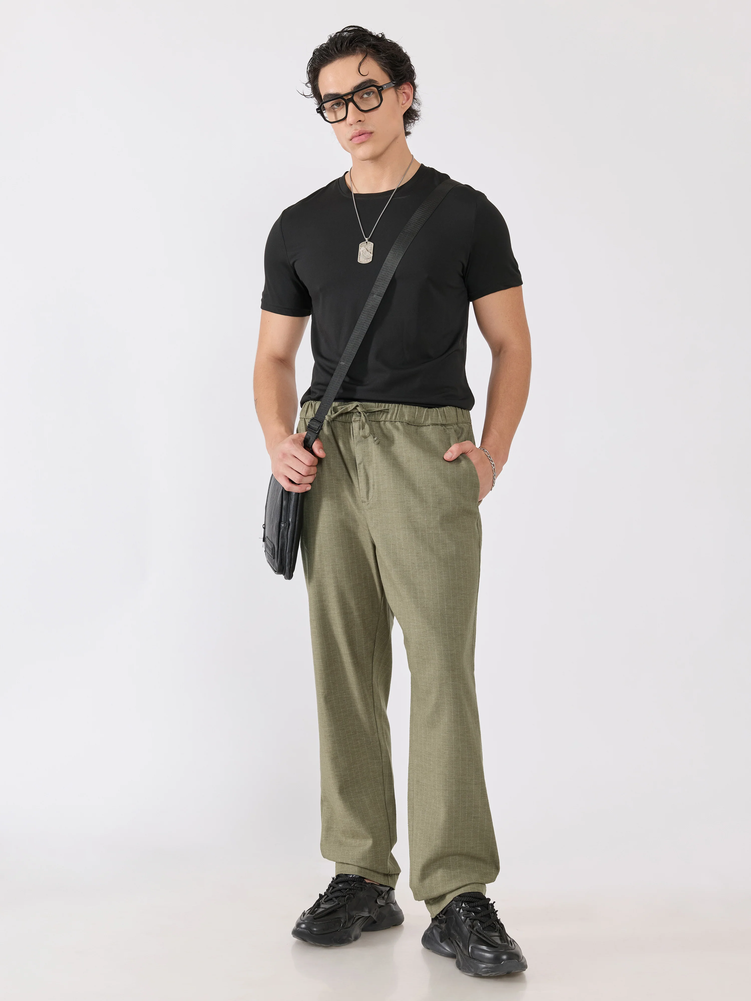Banano - Striped Drawstring Loose Fit Pant - Olive - Image 2