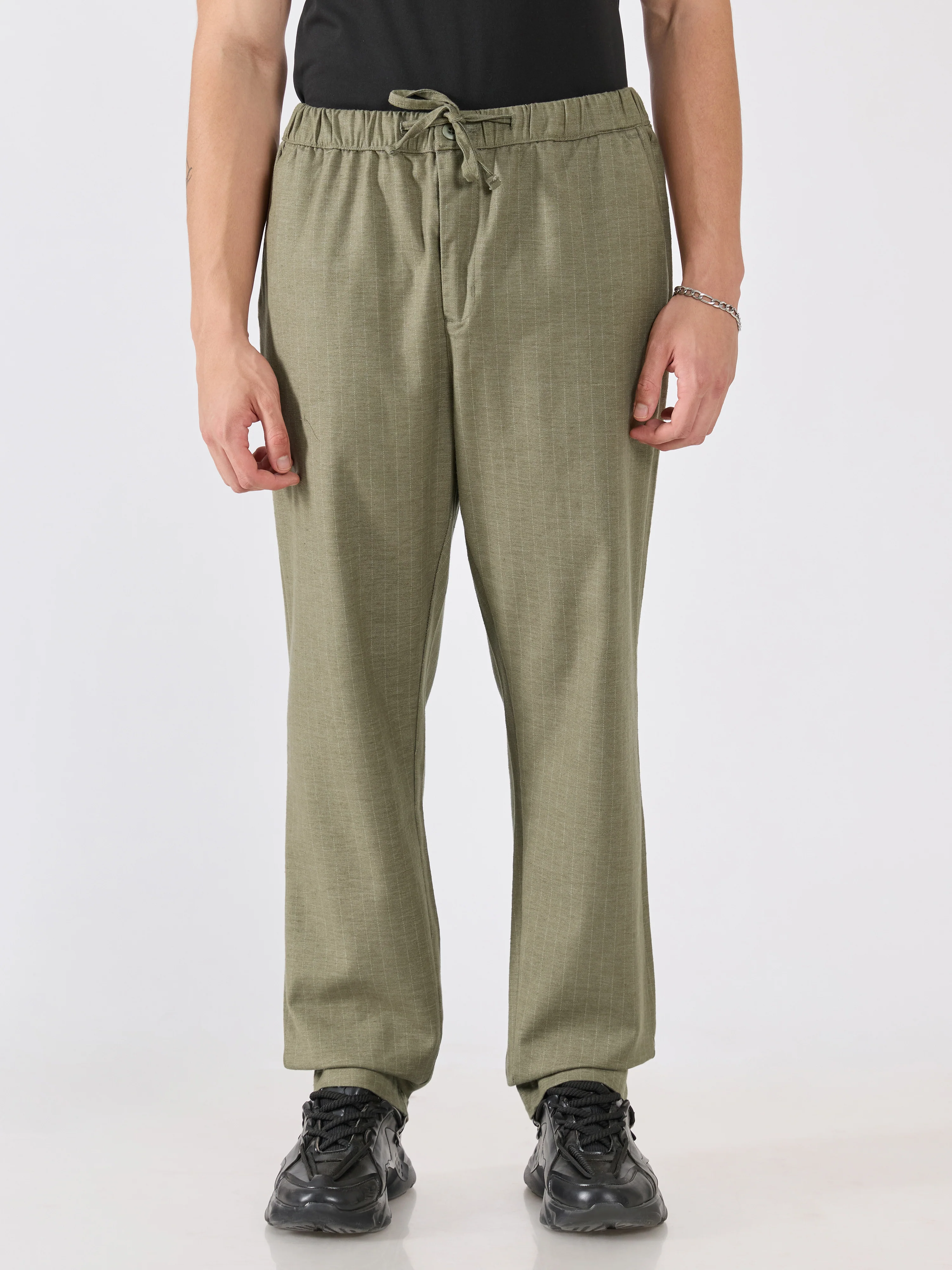Banano - Striped Drawstring Loose Fit Pant - Olive - Image 3