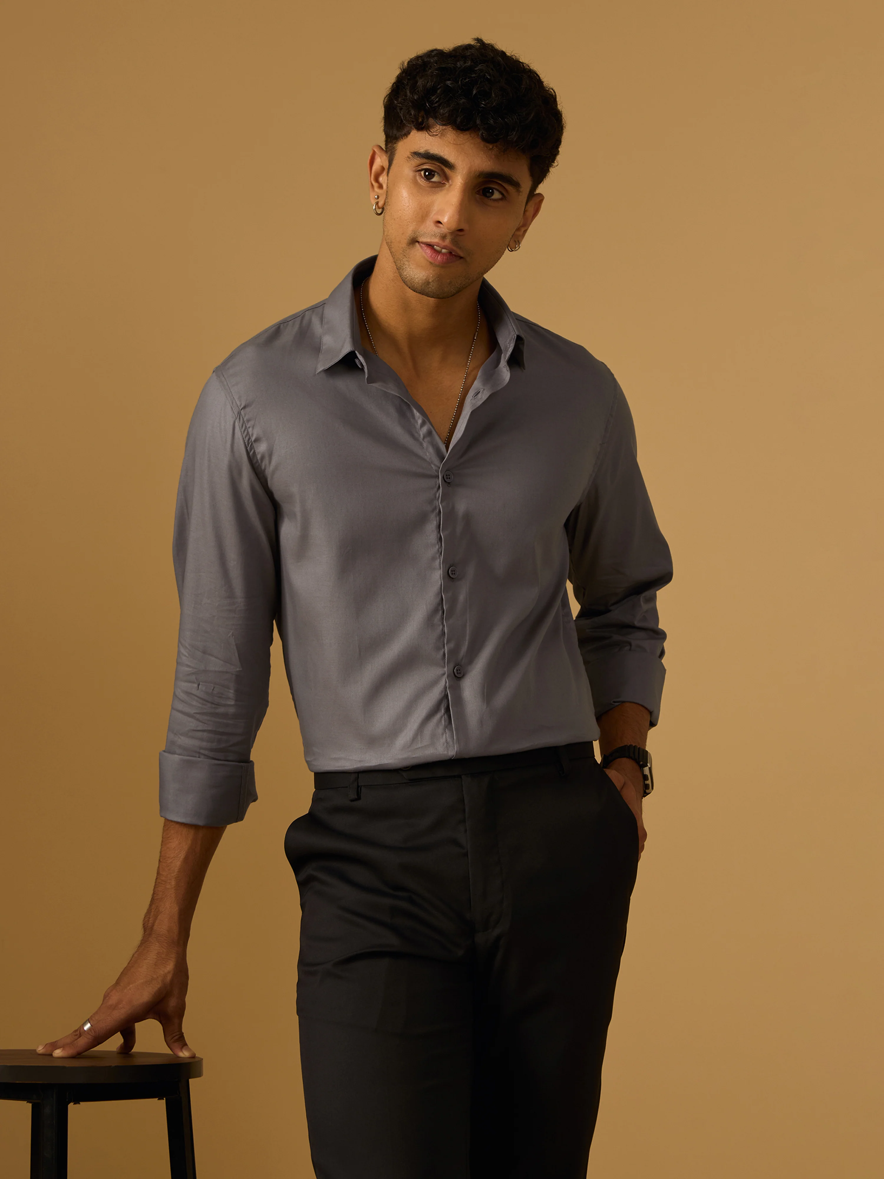 Calanthe - Giza Cotton Slim Fit Shirt - Grey - Image 3
