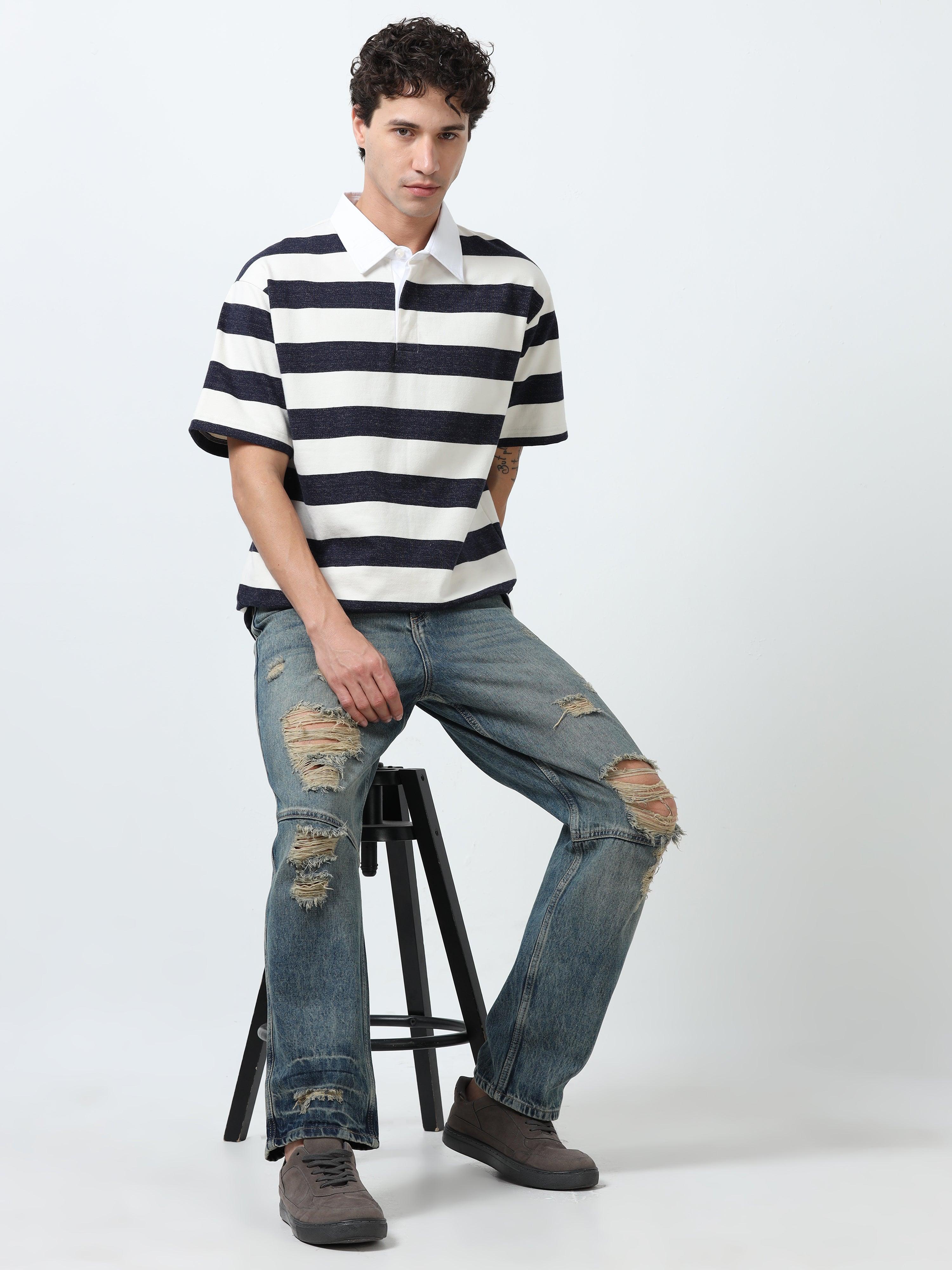 Calla - Oversized Striped Polo T Shirt - Starry Blue - Image 4