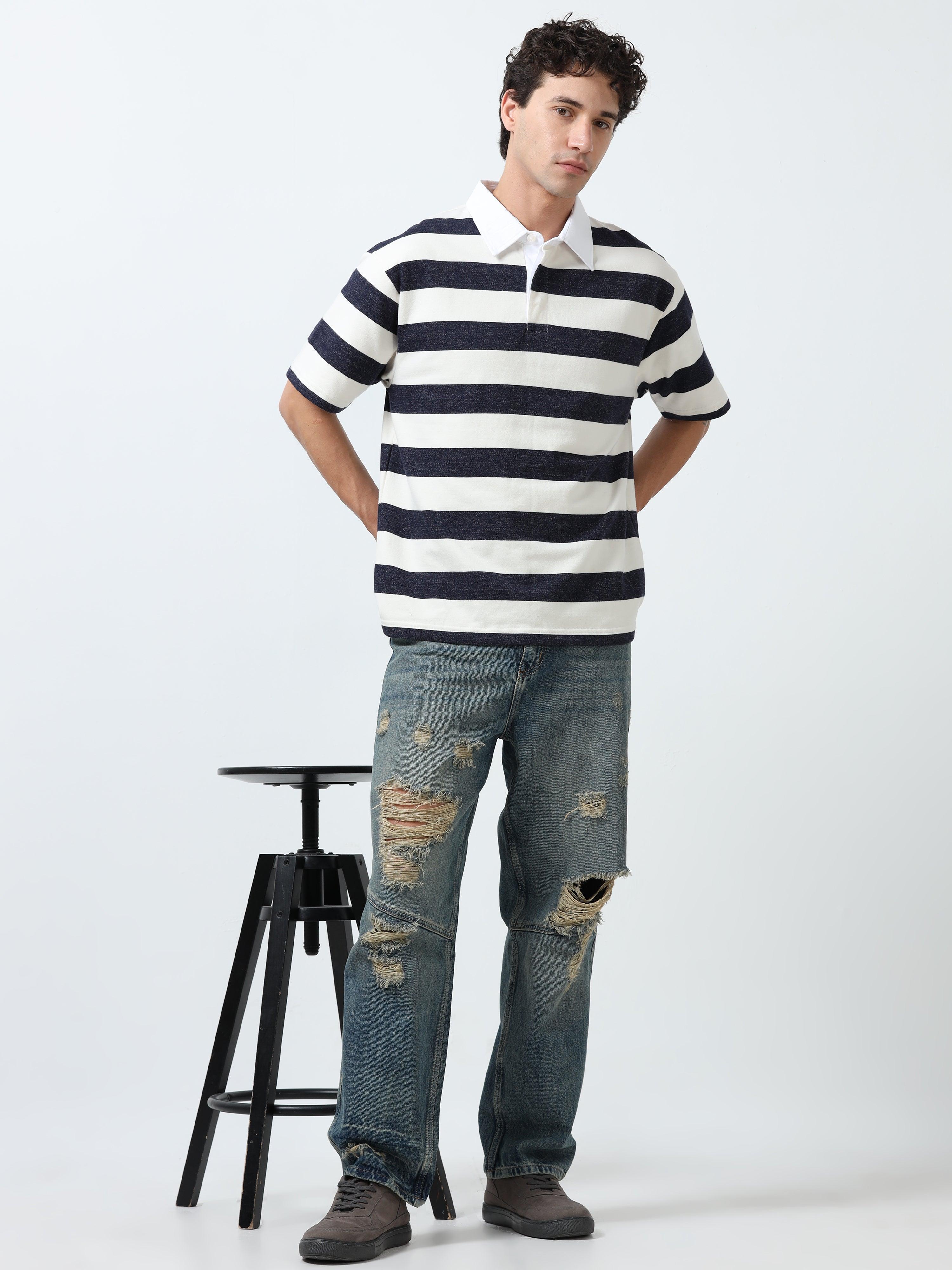 Calla - Oversized Striped Polo T Shirt - Starry Blue - Image 5