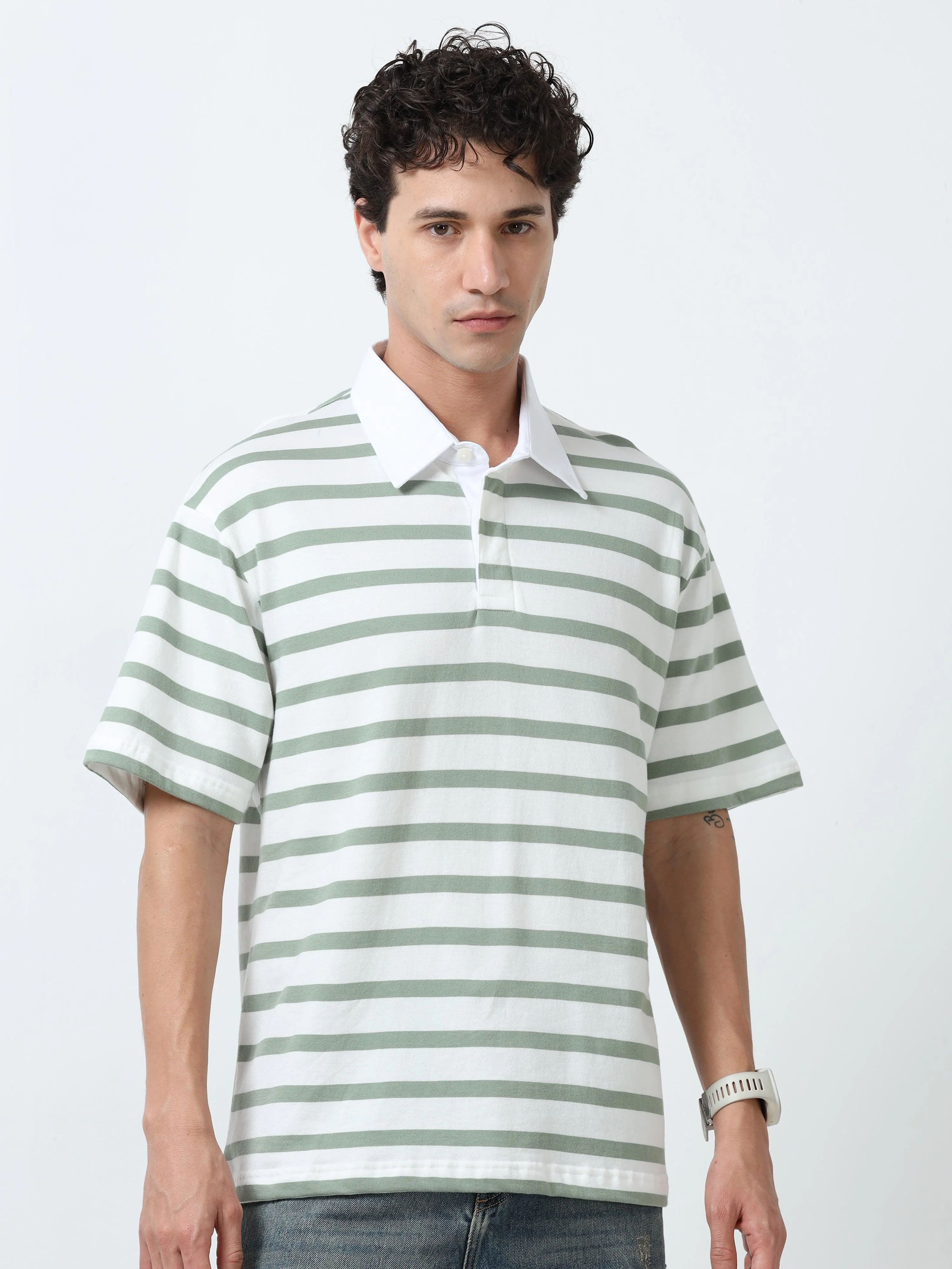 Calla - Oversized Striped Polo T Shirt - Green - Image 3