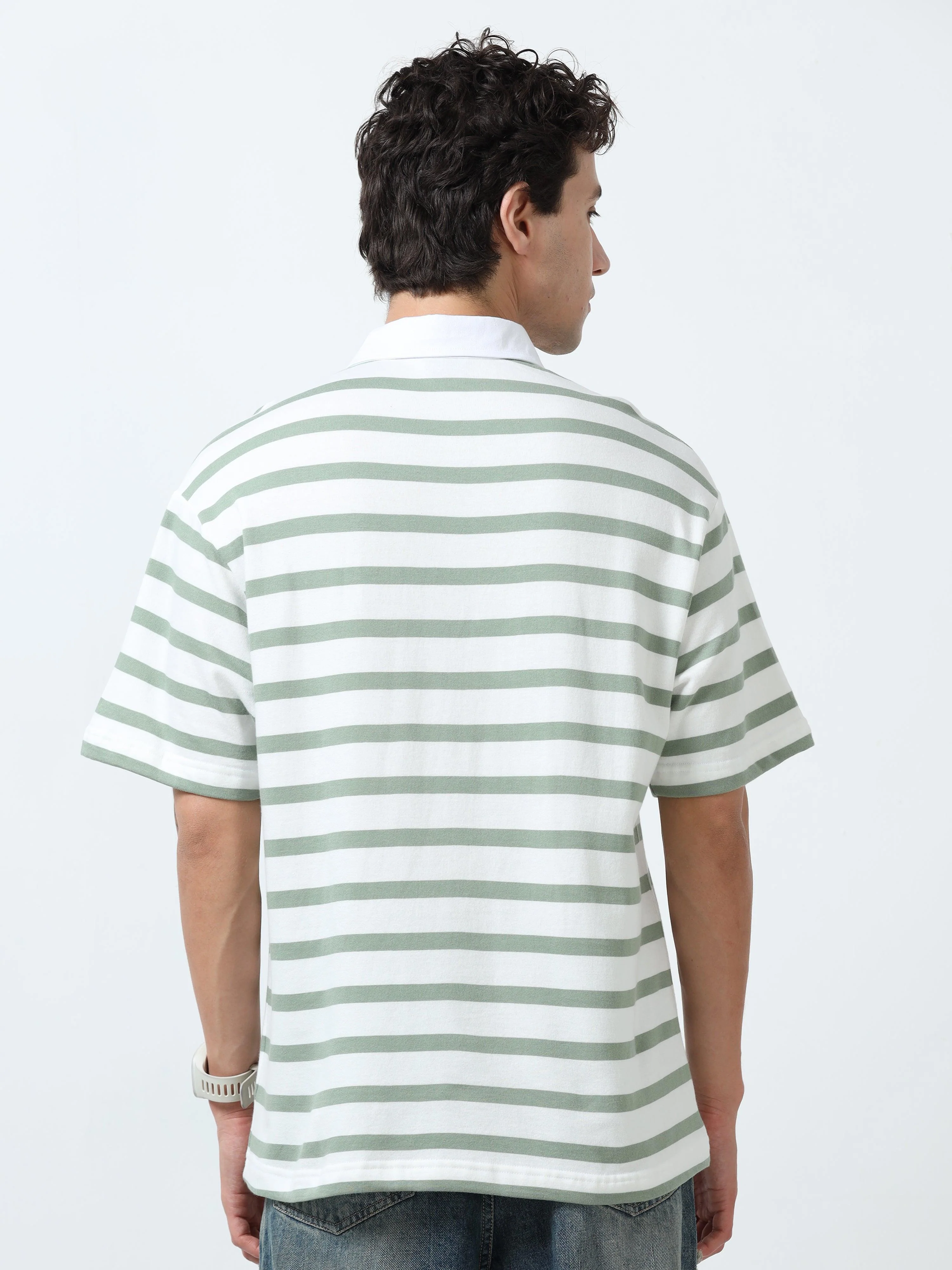 Calla - Oversized Striped Polo T Shirt - Green - Image 4