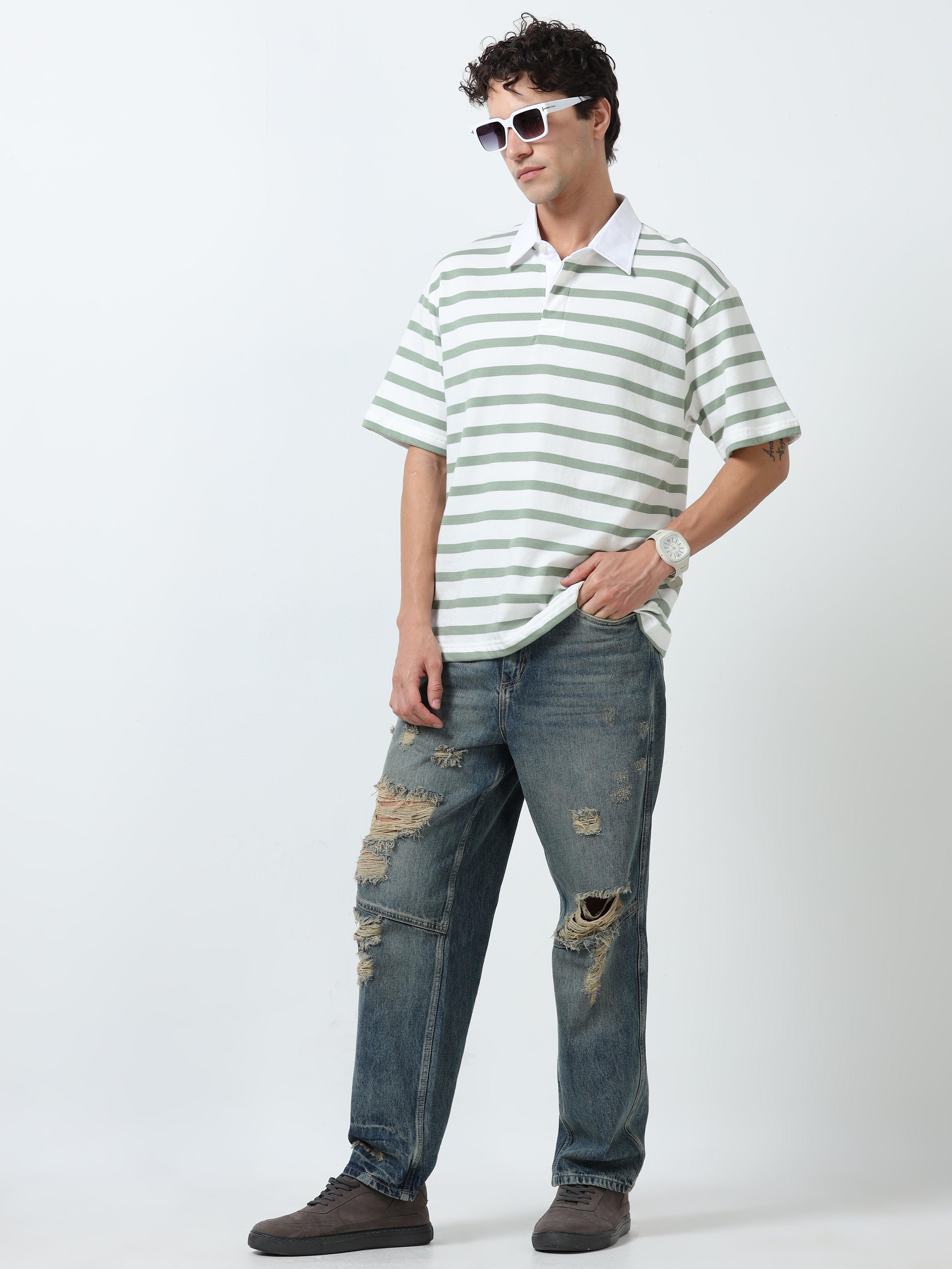 Calla - Oversized Striped Polo T Shirt - Green - Image 5