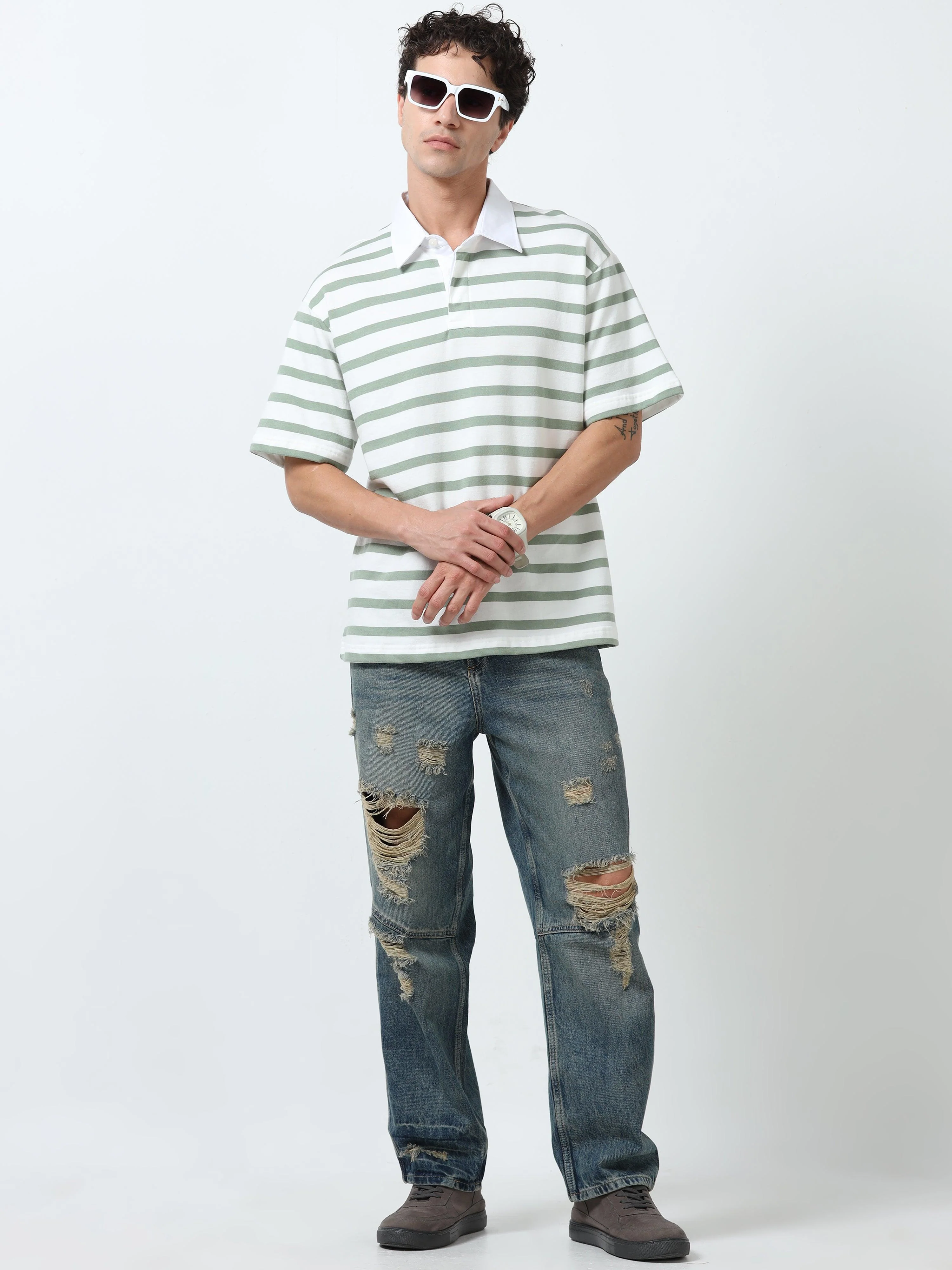 Calla - Oversized Striped Polo T Shirt - Green - Image 6