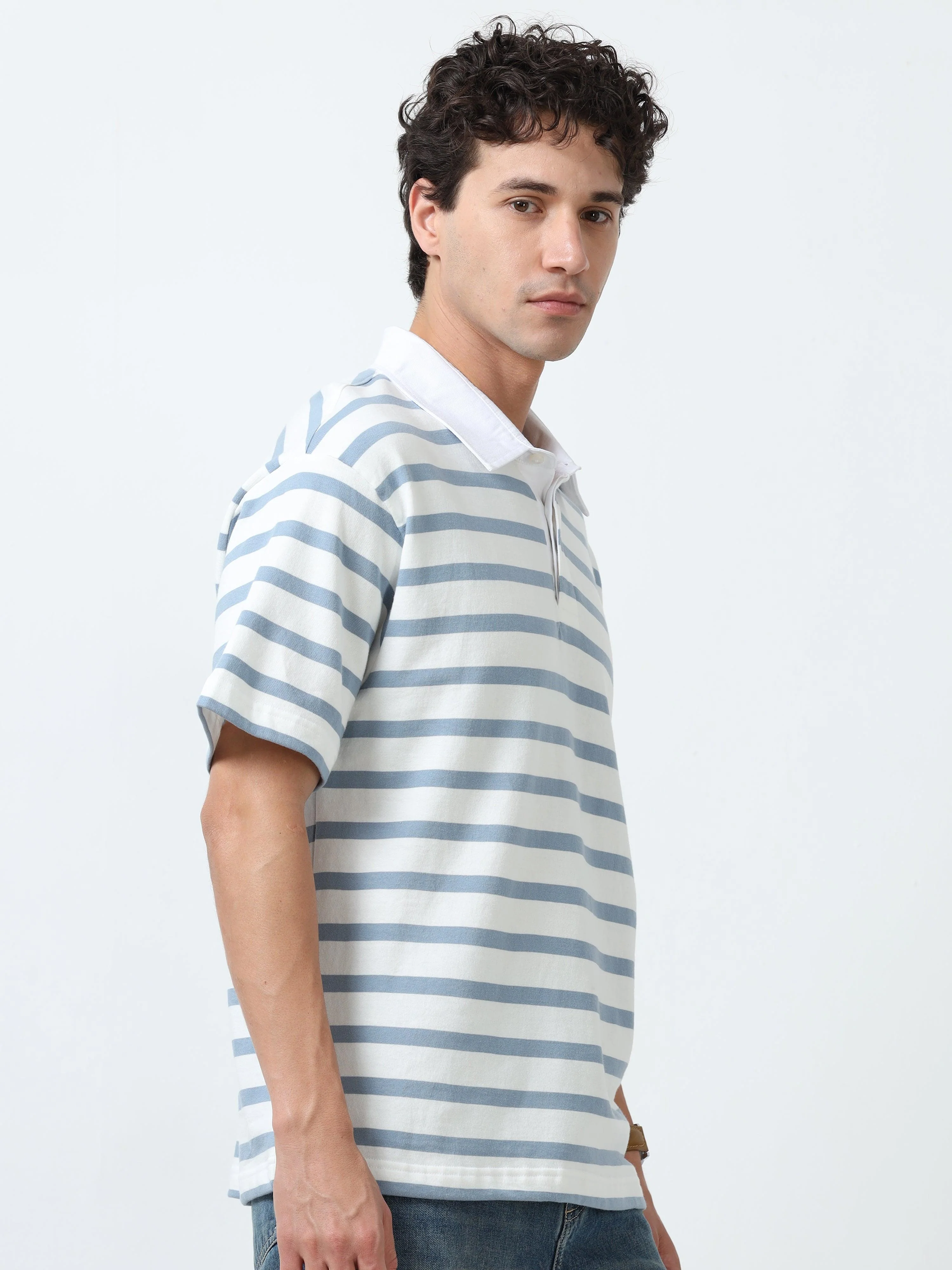 Calla - Oversized Striped Polo T Shirt - Sky Blue - Image 3