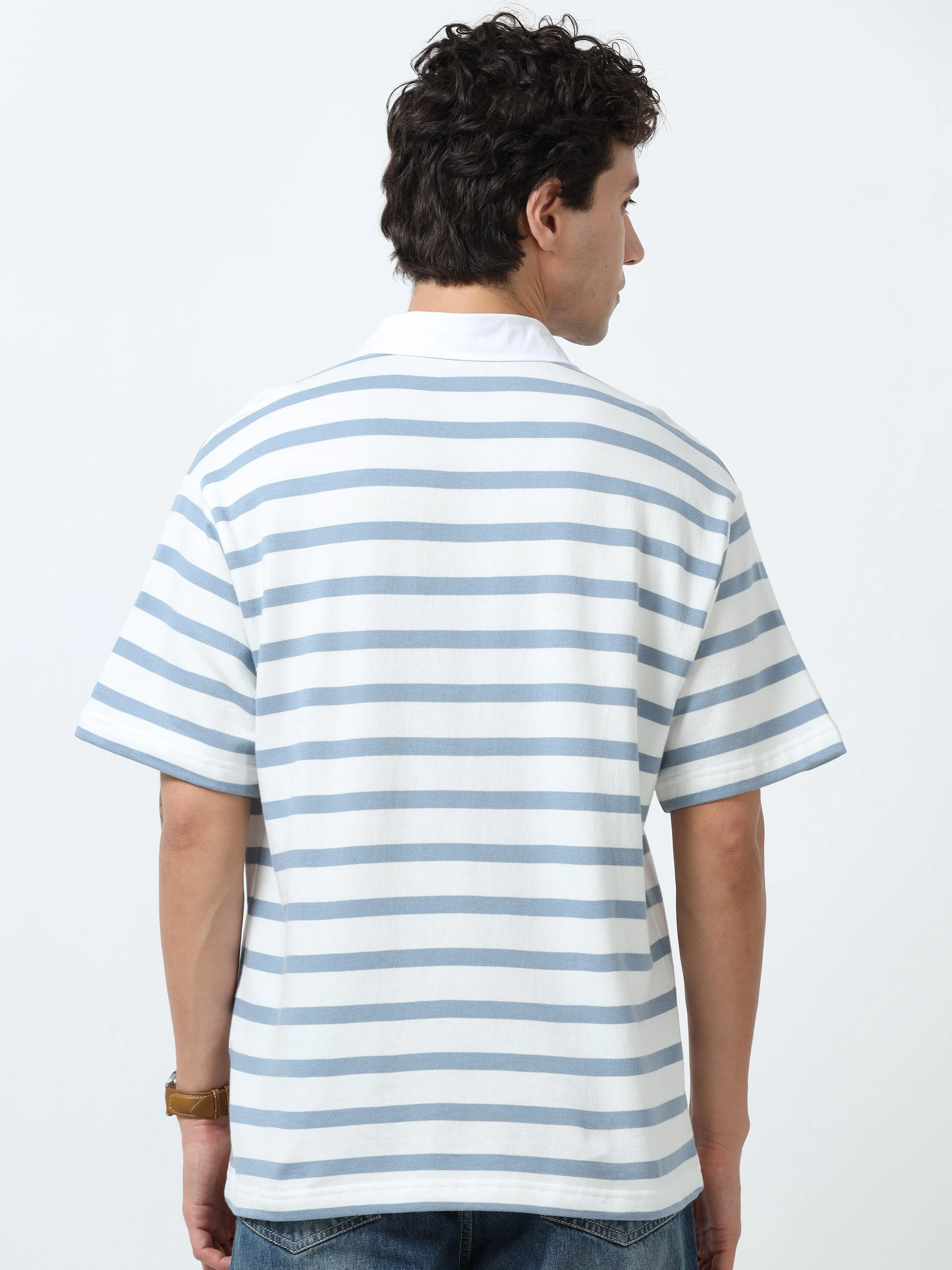 Calla - Oversized Striped Polo T Shirt - Sky Blue - Image 4