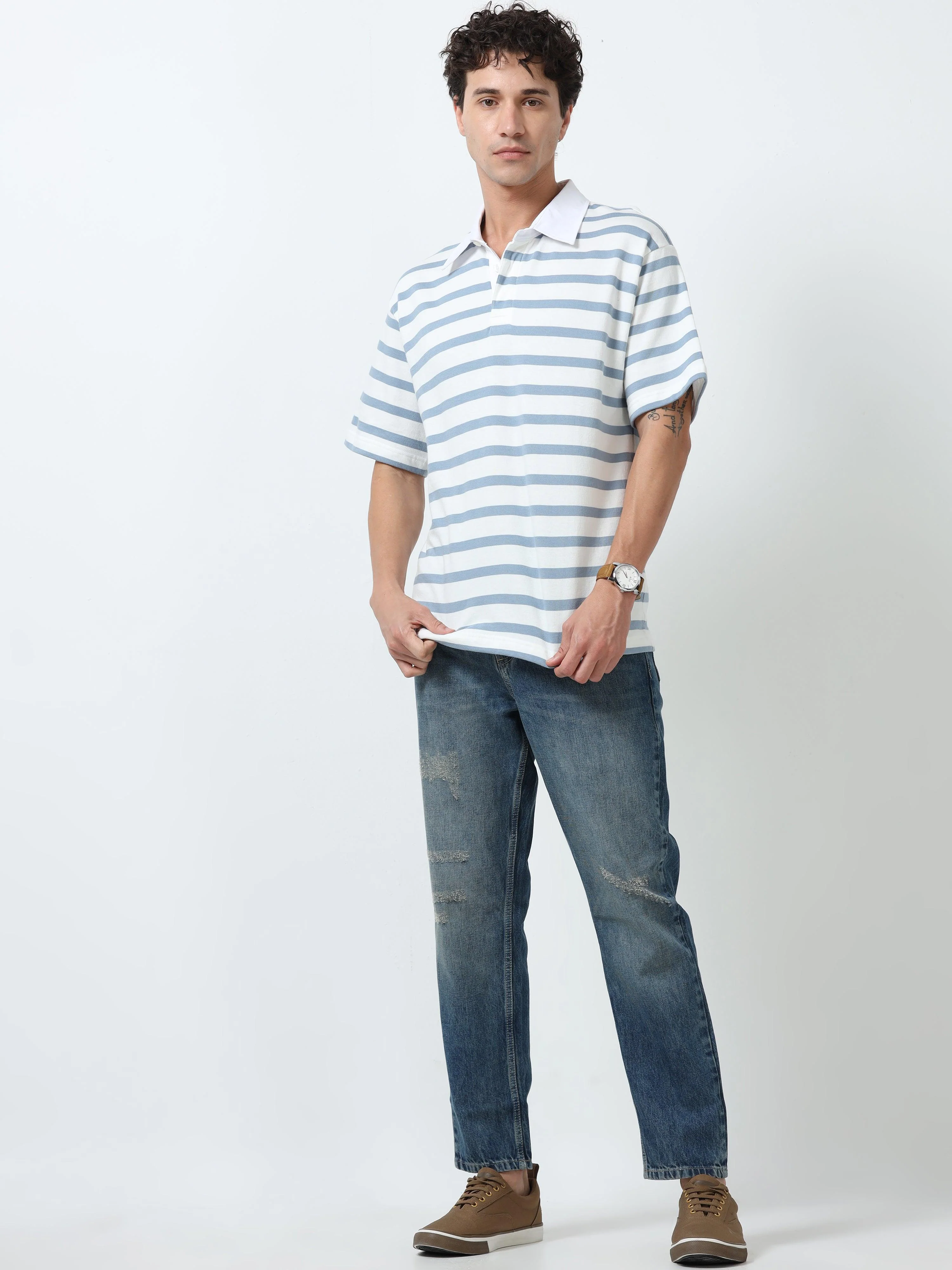 Calla - Oversized Striped Polo T Shirt - Sky Blue - Image 5