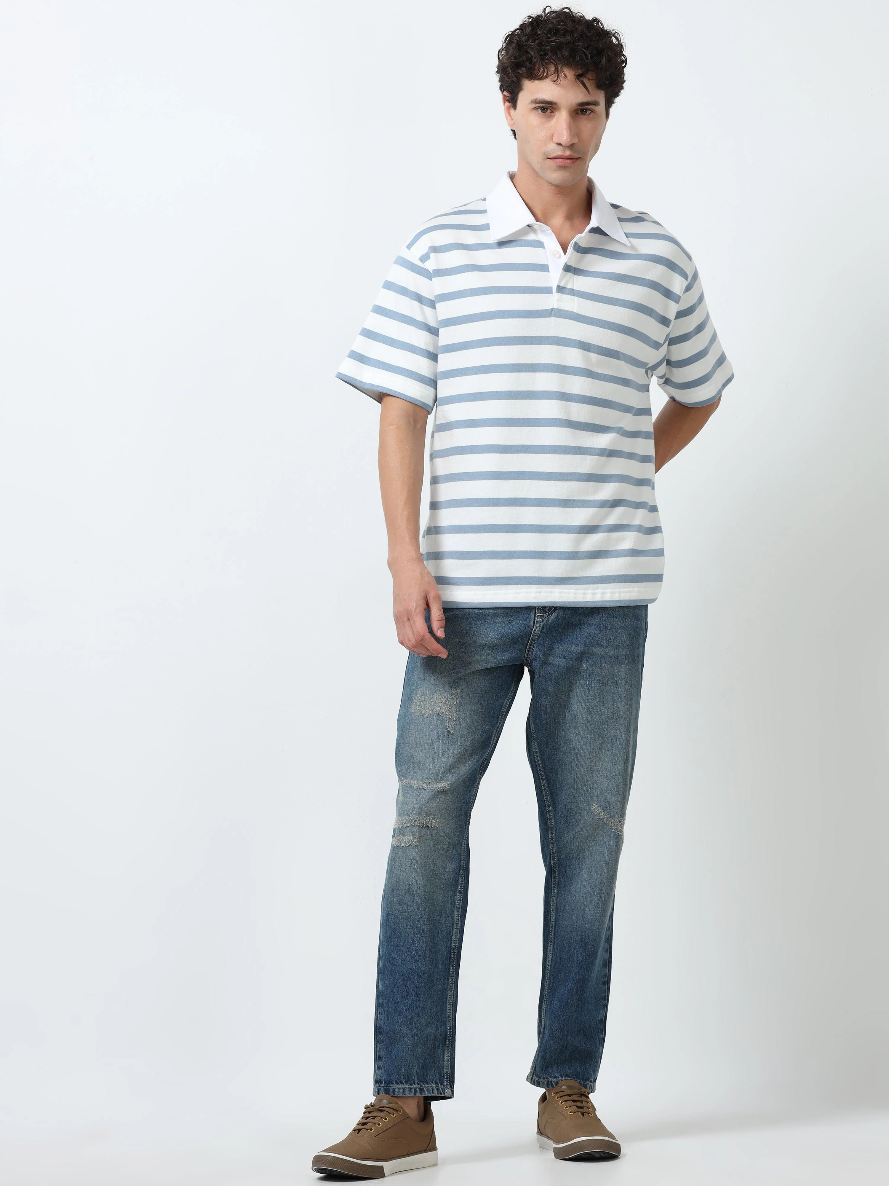 Calla - Oversized Striped Polo T Shirt - Sky Blue - Image 6