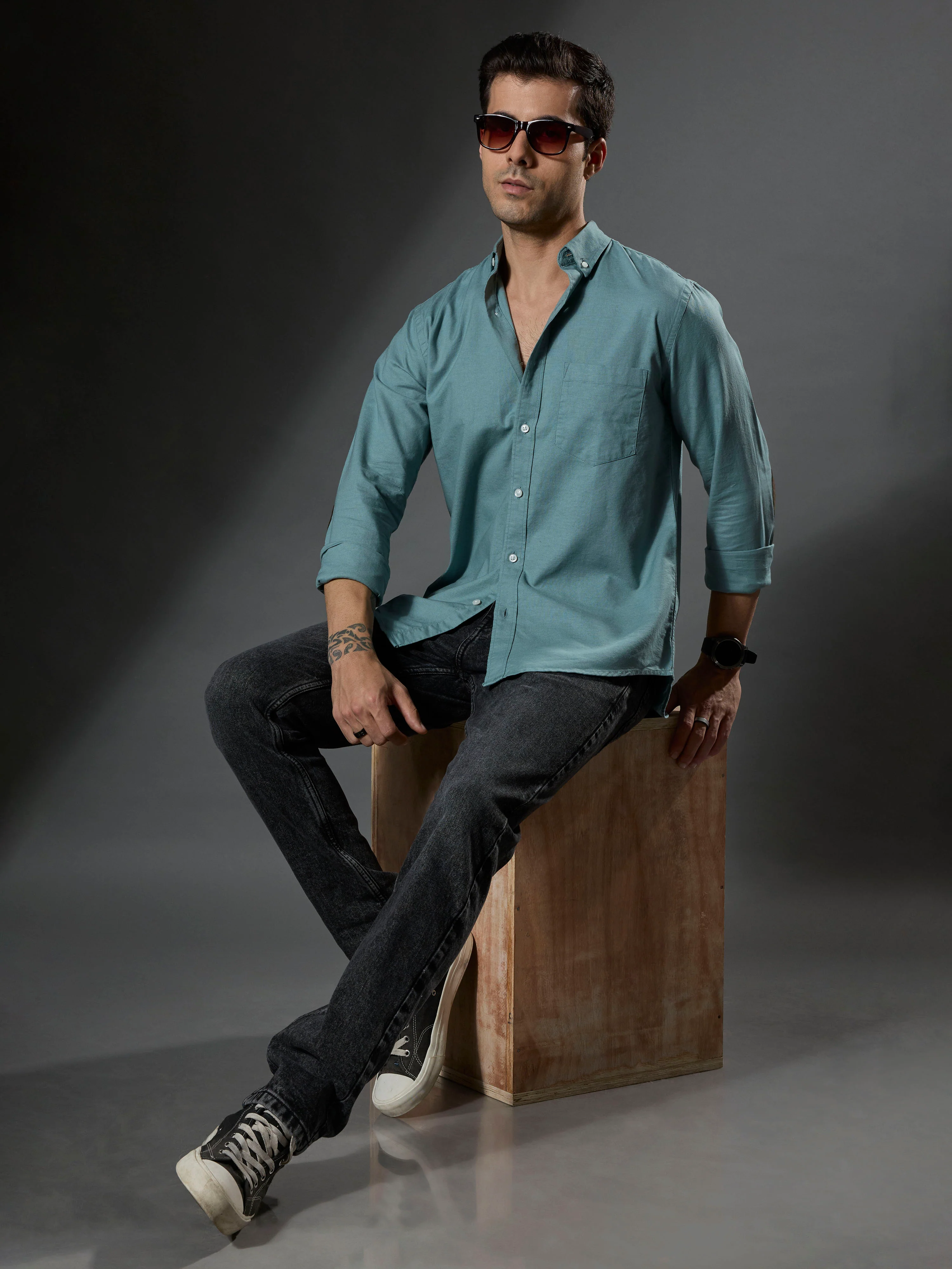 Classy - Turkish Fit Shirt With Elbow Patch - Aqua Green - Image 3