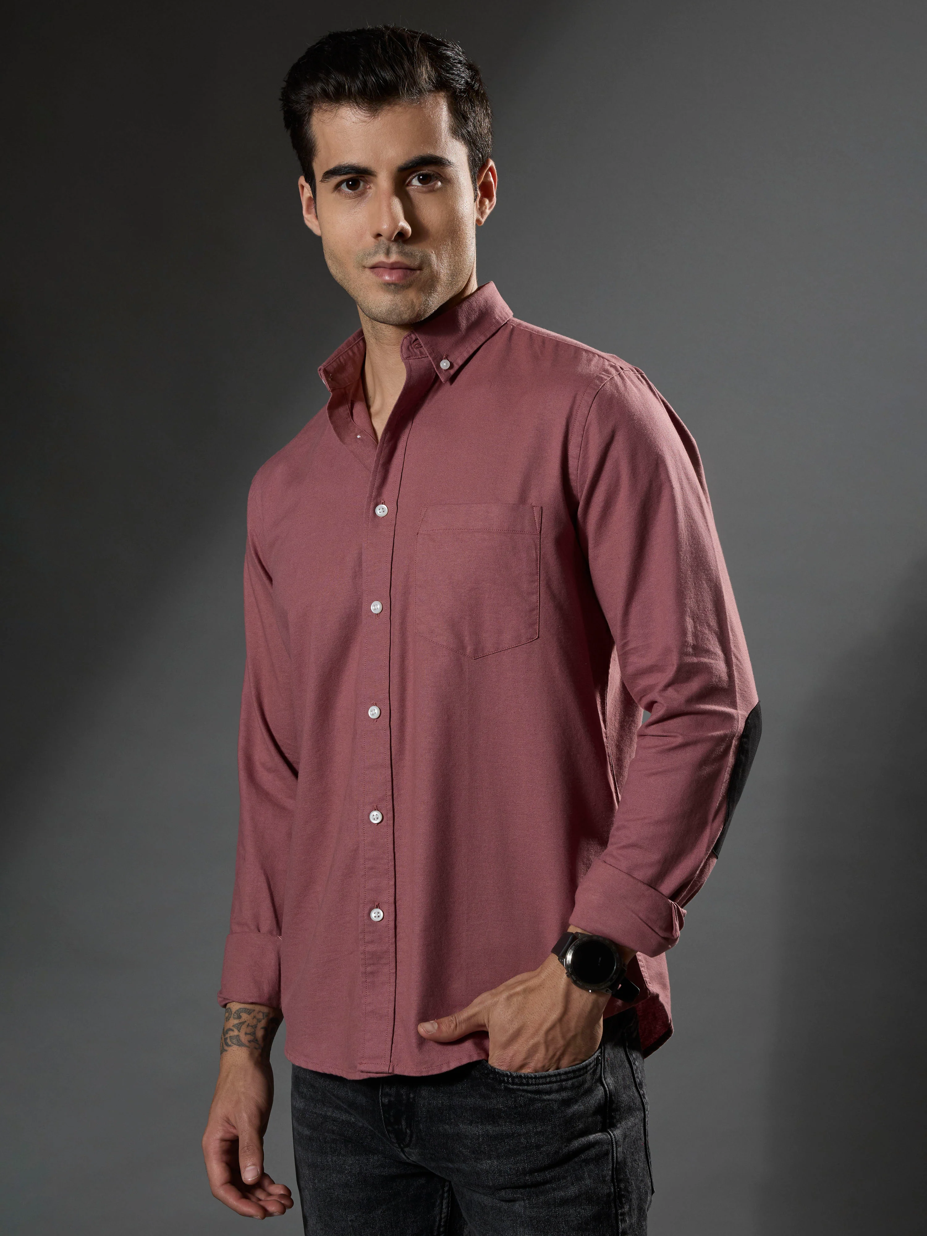 Classy -  Turkish Fit Shirt With Elbow Patch - Dusty Rose - Image 5
