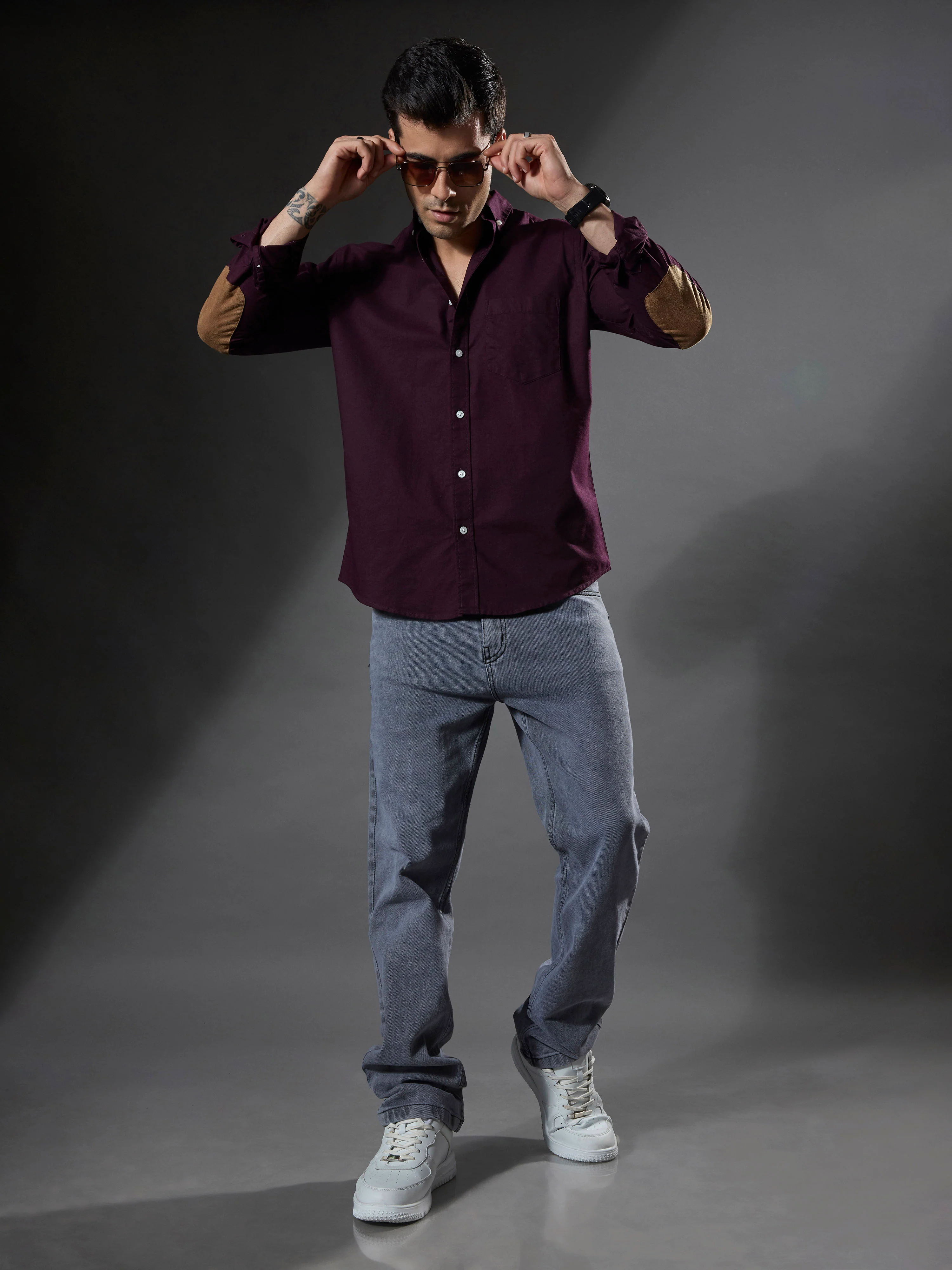 Classy - Turkish Fit Shirt with Elbow Patch - Maroon - Image 3