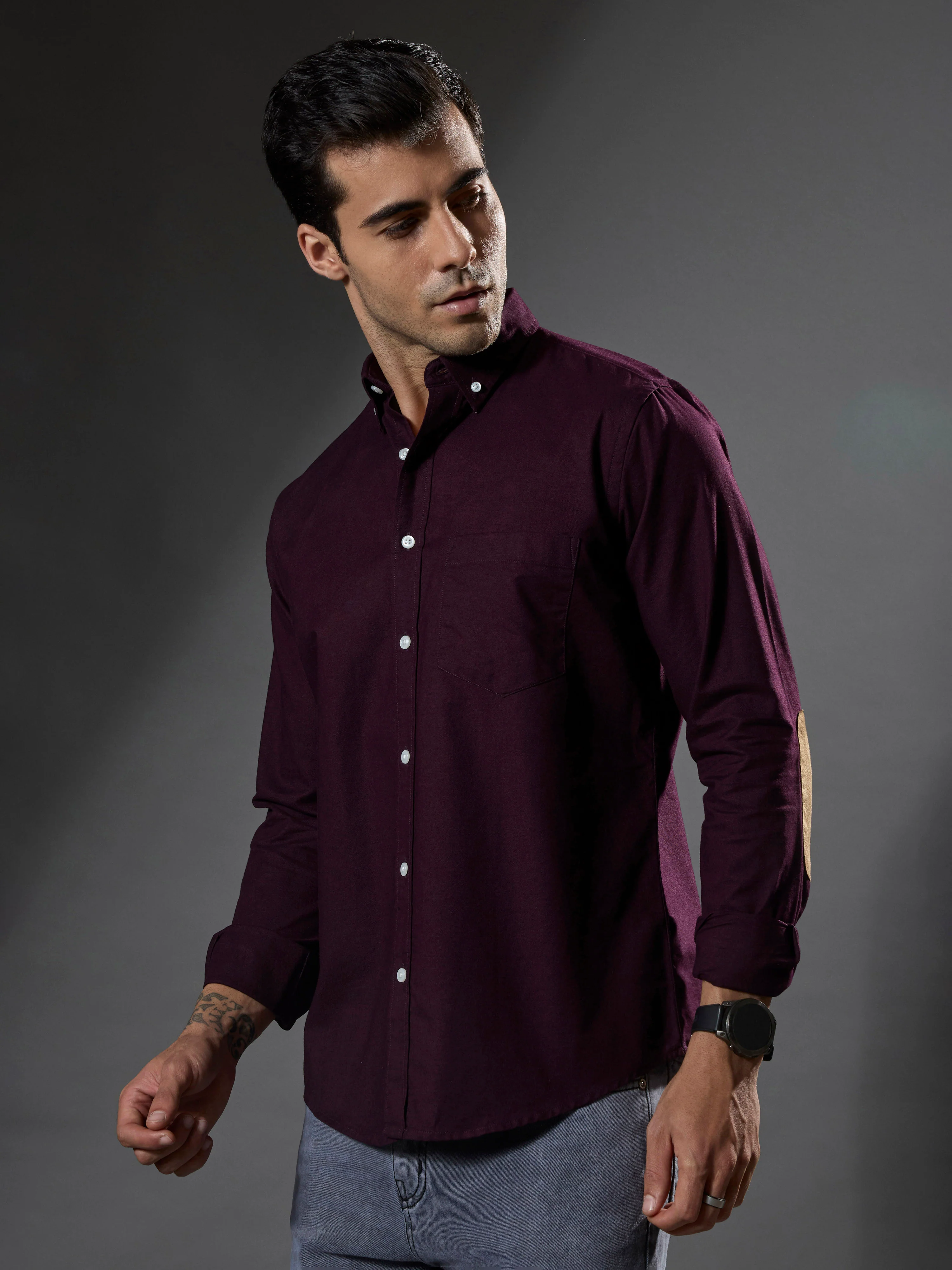 Classy - Turkish Fit Shirt with Elbow Patch - Maroon - Image 4