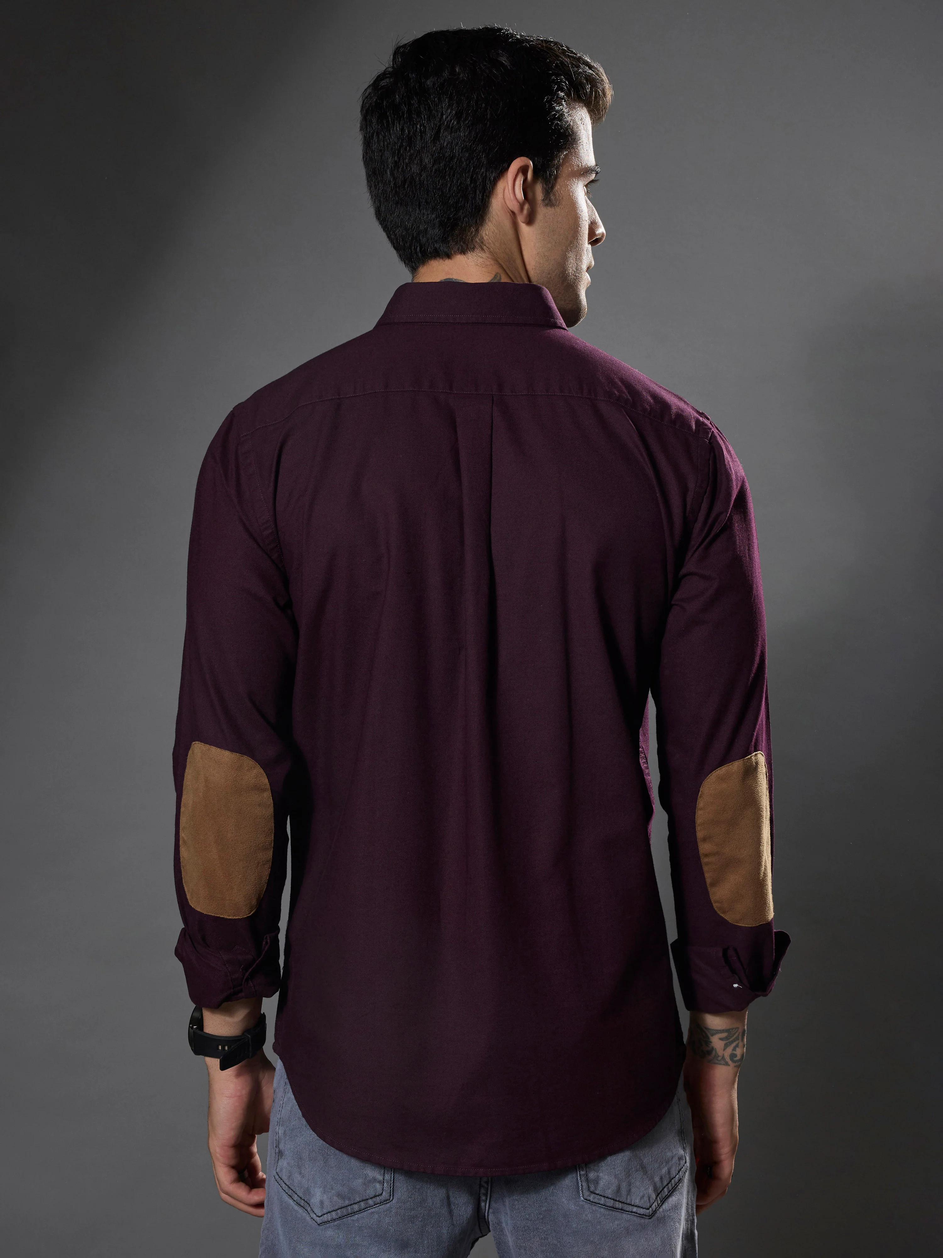 Classy - Turkish Fit Shirt with Elbow Patch - Maroon - Image 6