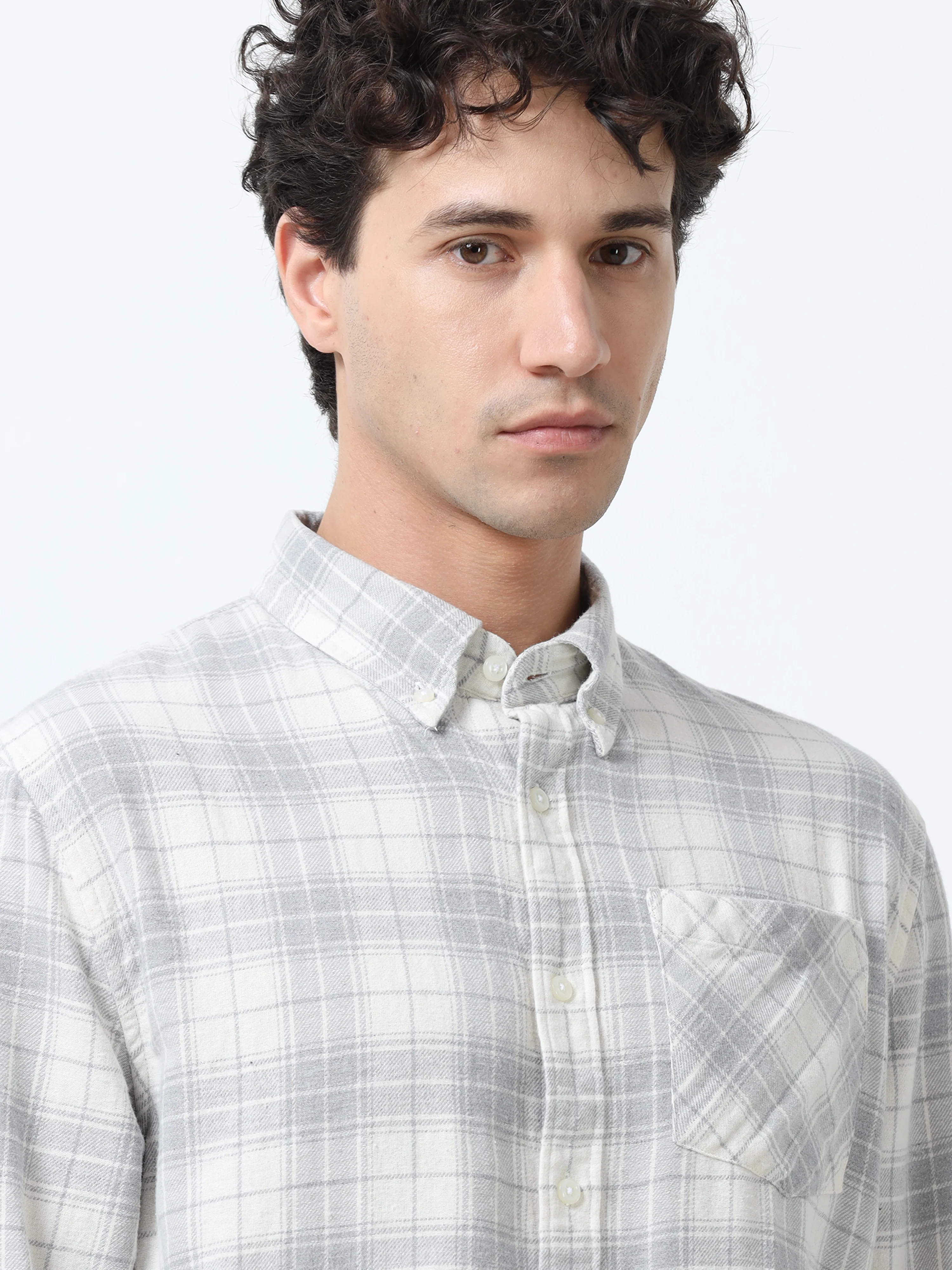 Clio - Brushed Checkered Shirt - White and Grey - Image 4
