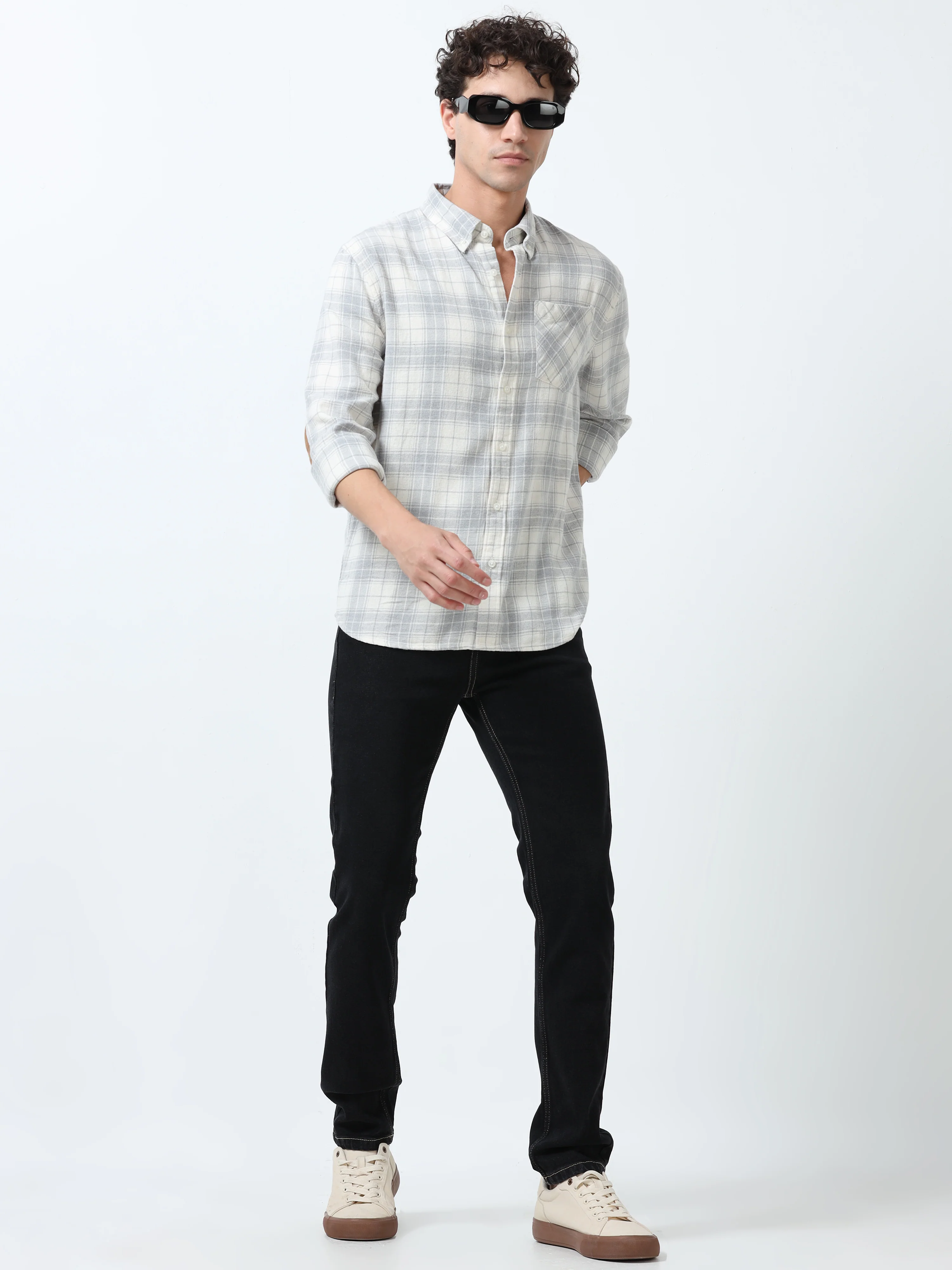 Clio - Brushed Checkered Shirt - White and Grey - Image 5