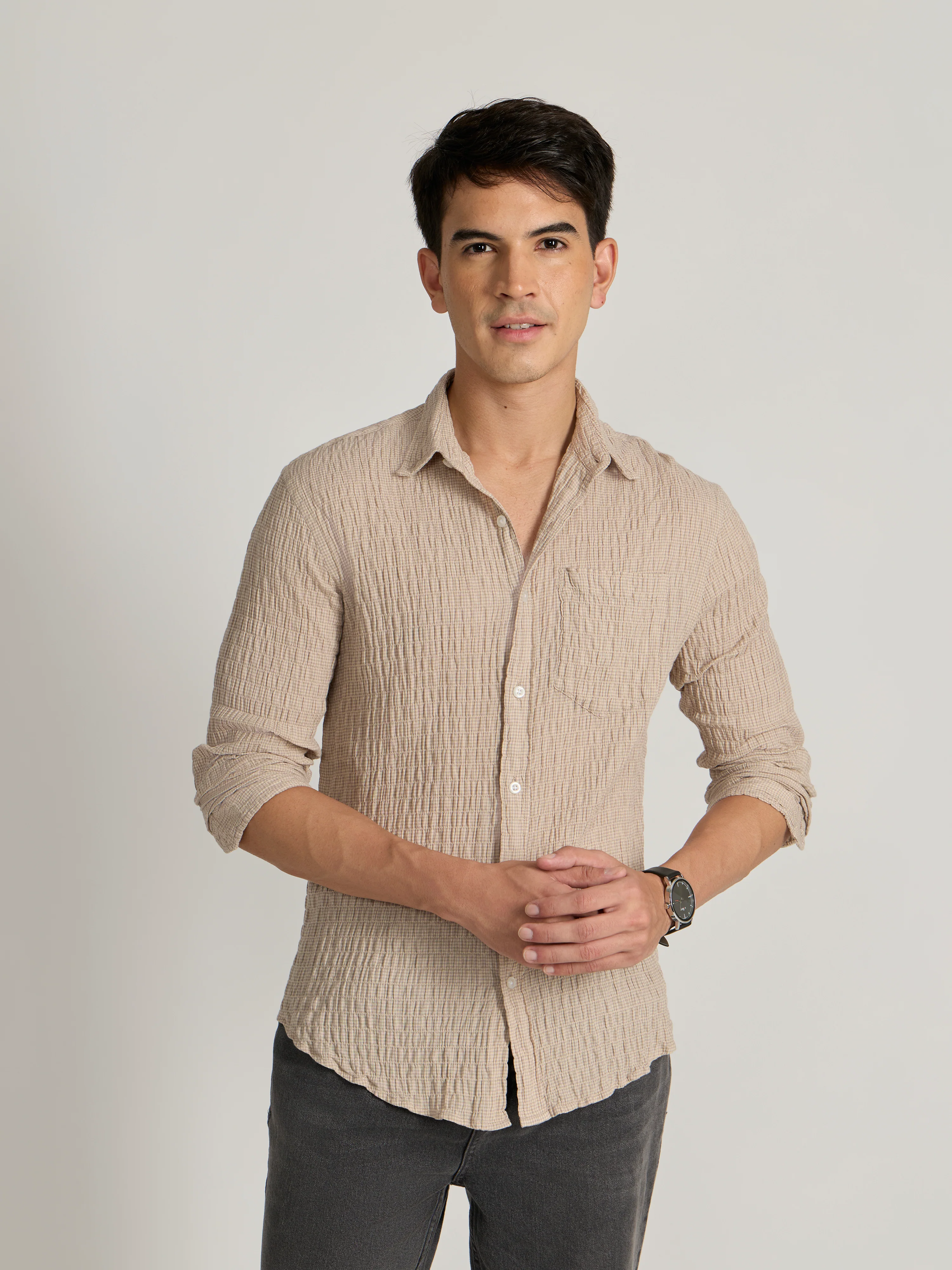 Dashiell - Crinkled Checked Shirt - Cream