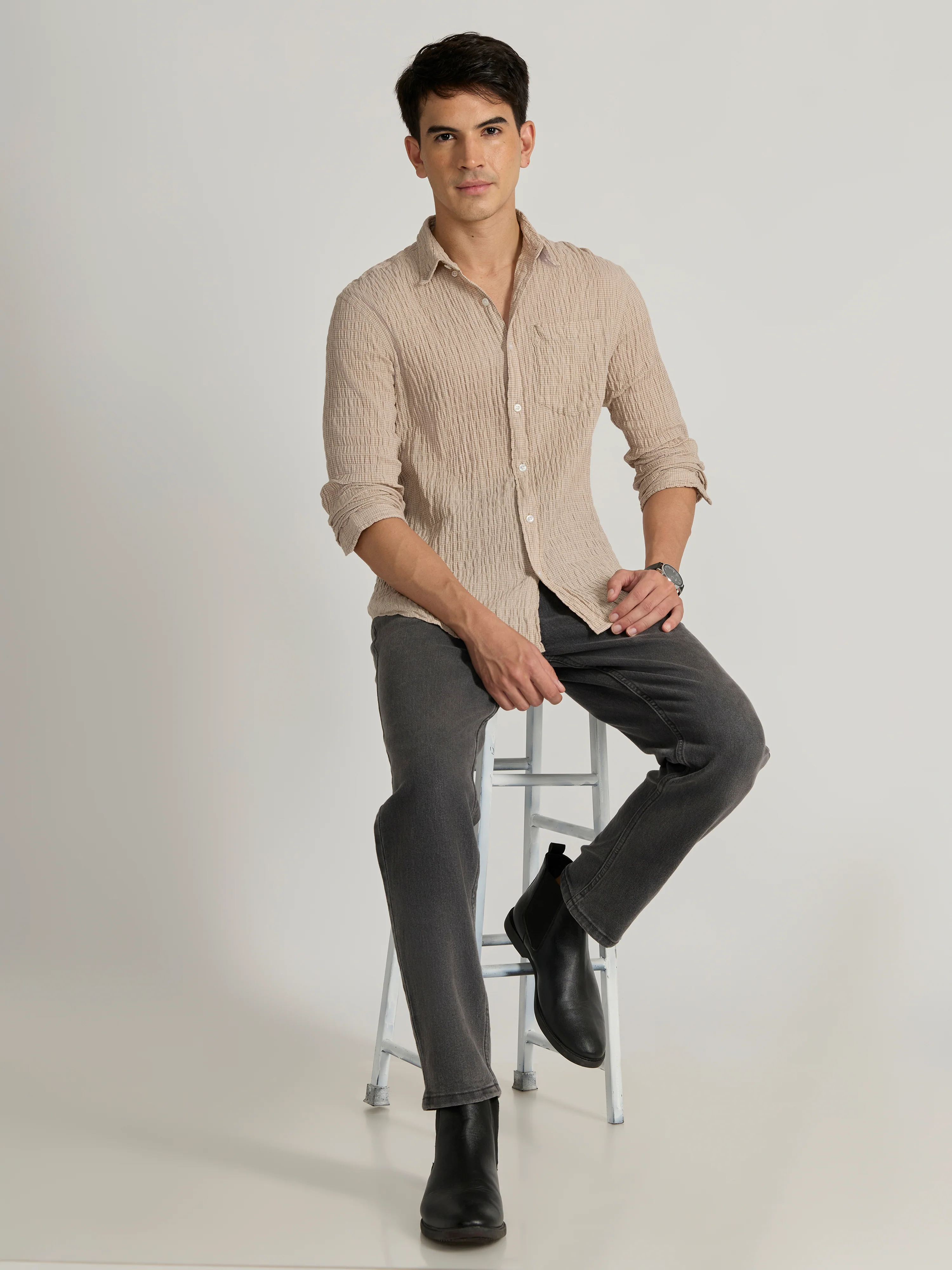 Dashiell - Crinkled Checked Shirt - Cream - Image 2