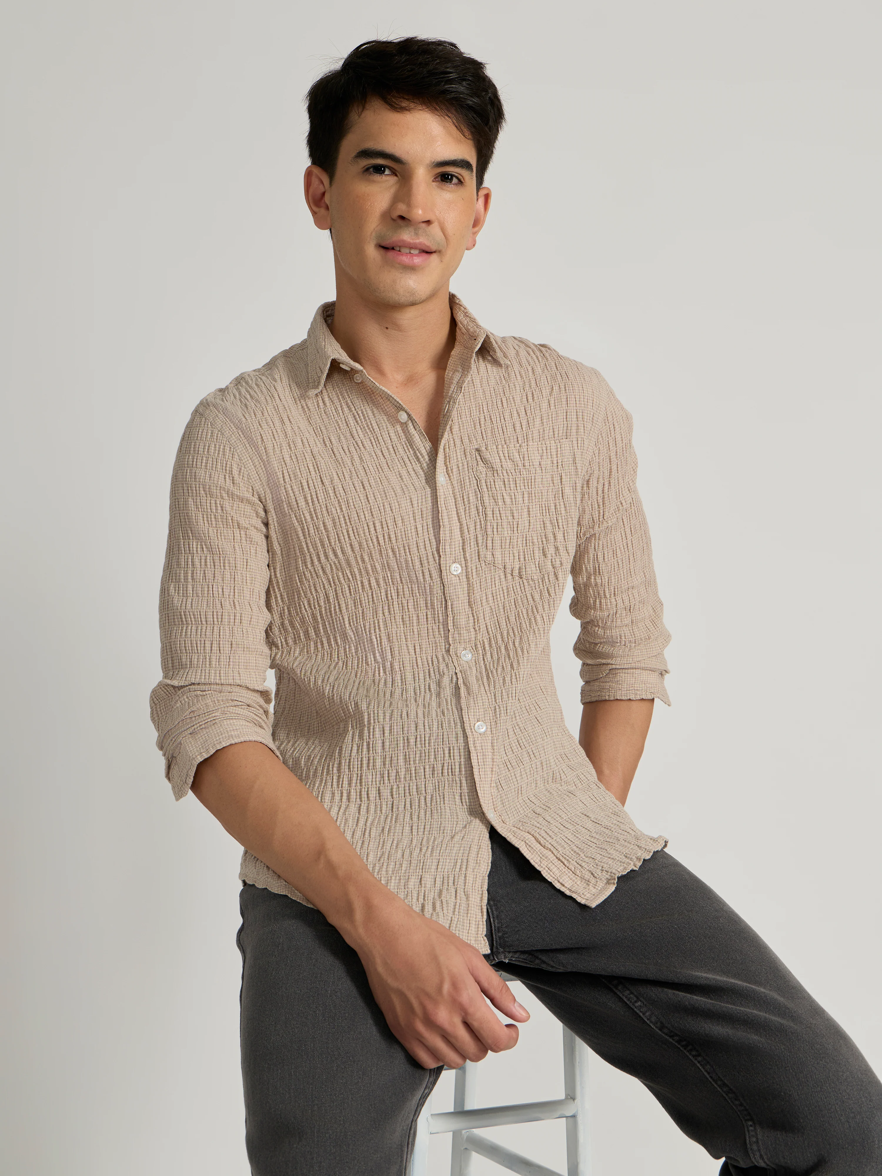 Dashiell - Crinkled Checked Shirt - Cream - Image 3