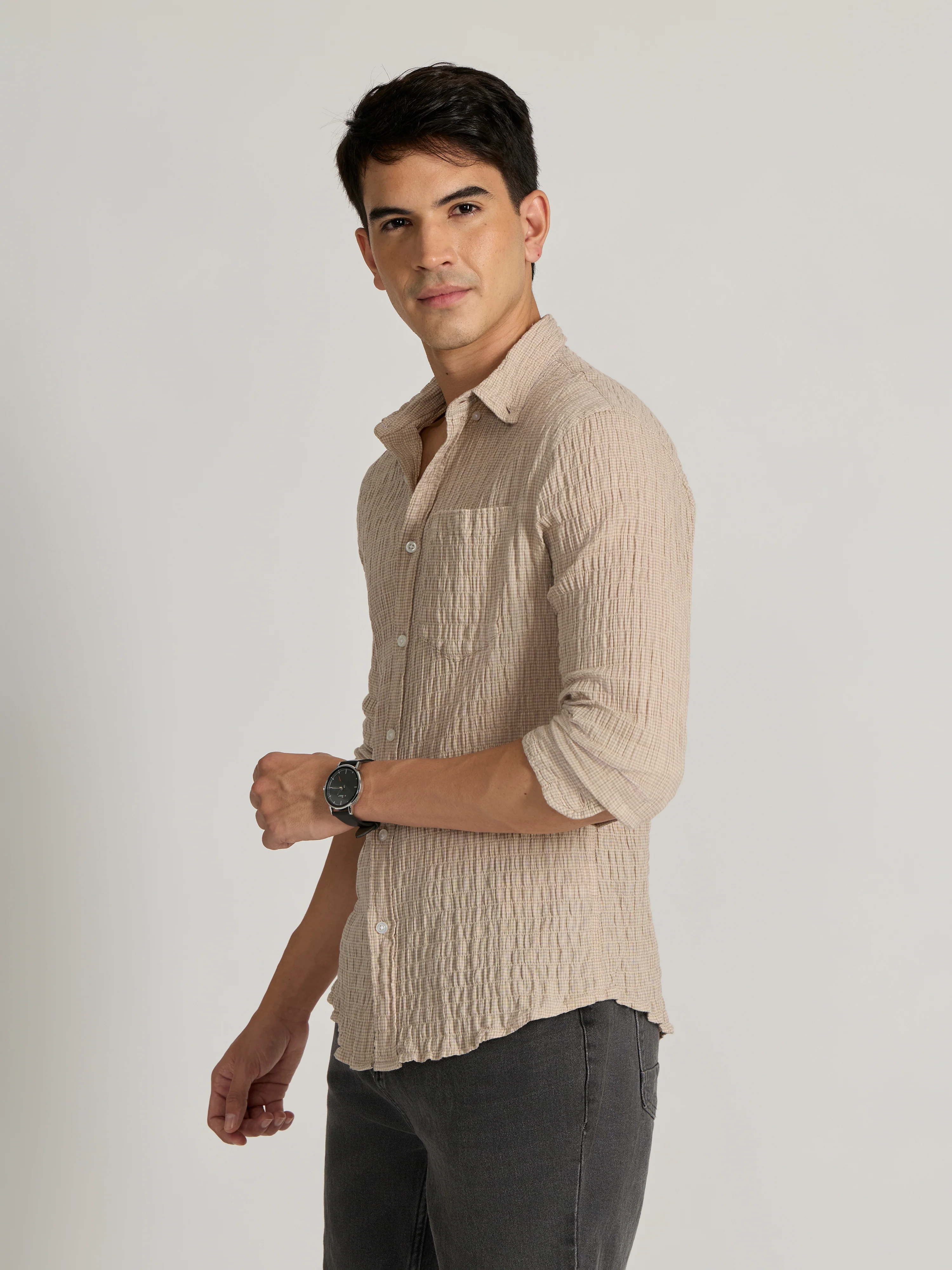 Dashiell - Crinkled Checked Shirt - Cream - Image 4