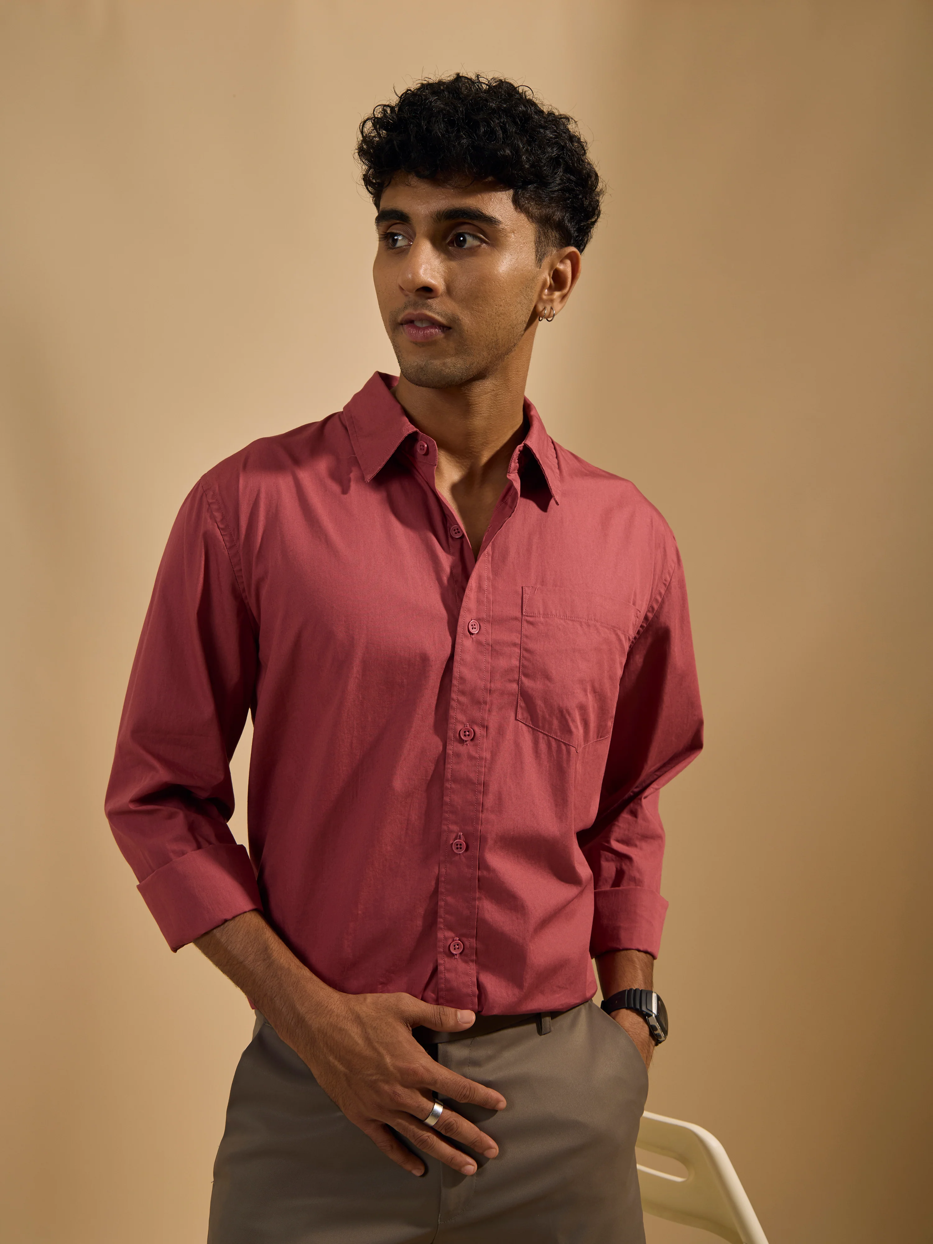 Eluded - Regular Fit Full Sleeve Poplin Shirt - Red - Image 5