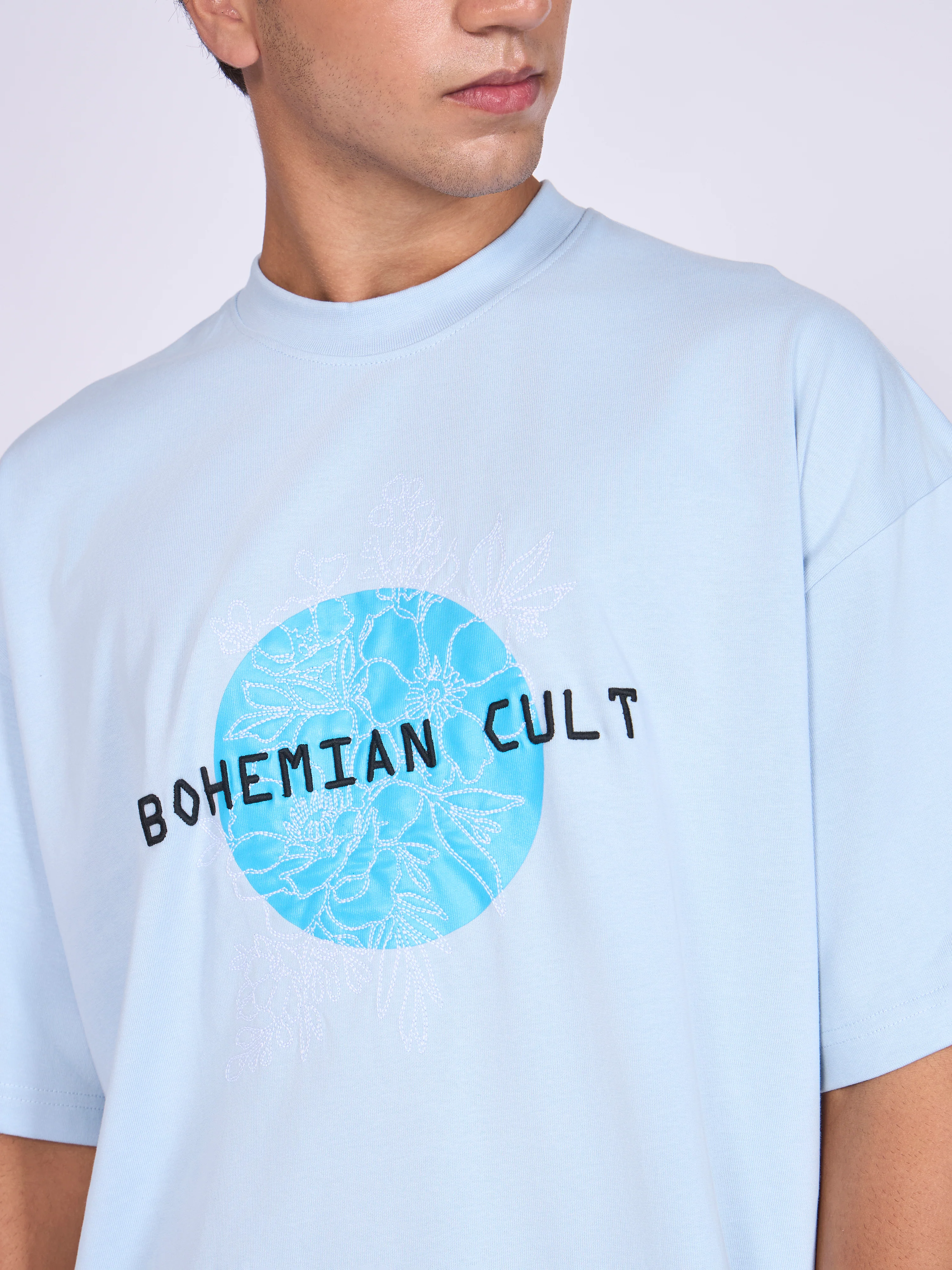 Everston - Bohemian Cult Printed Baggy T-Shirt - Baby Blue - Image 3