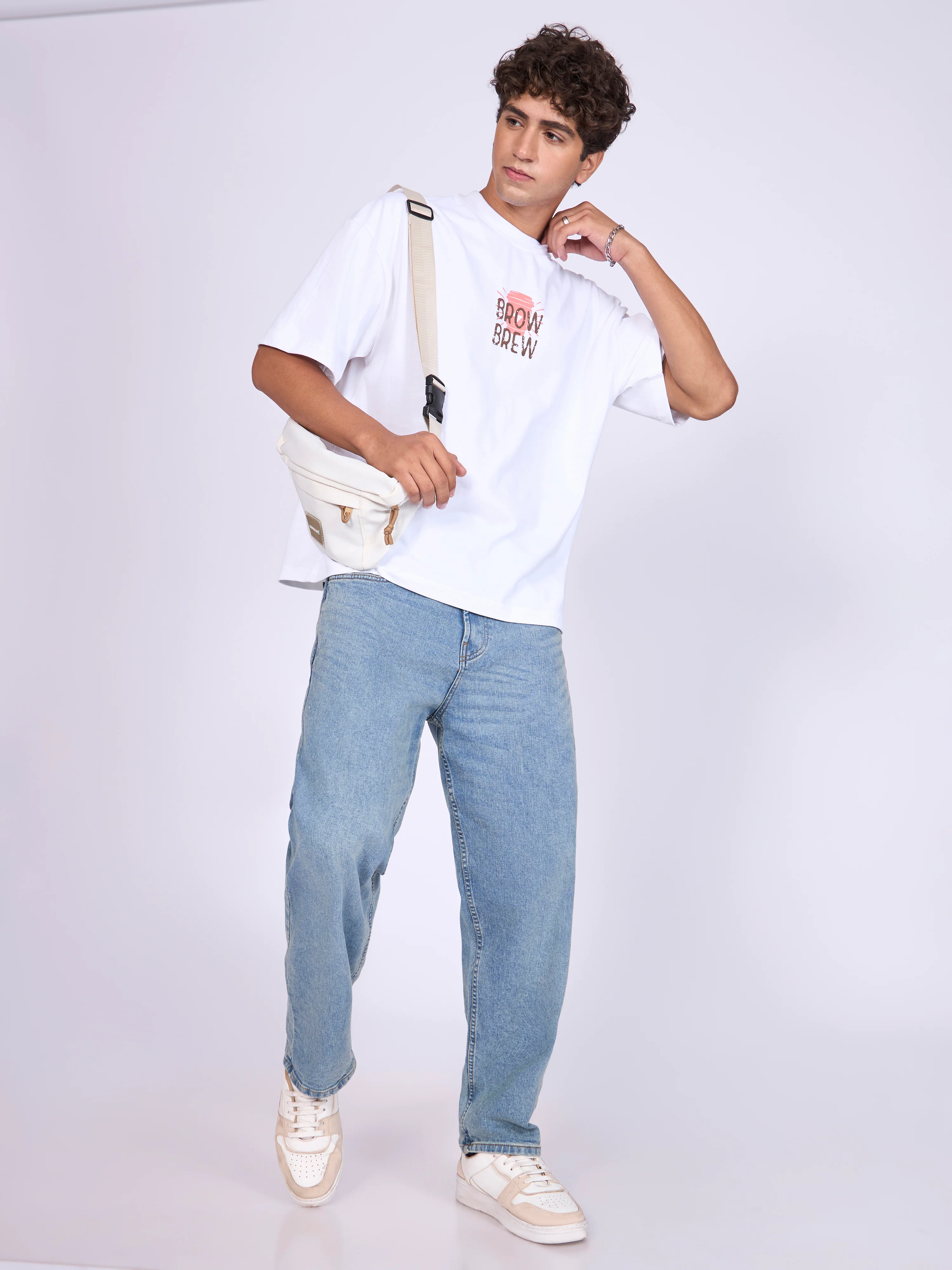 Everston - Brow Brew Printed Baggy T-Shirt - White - Image 3