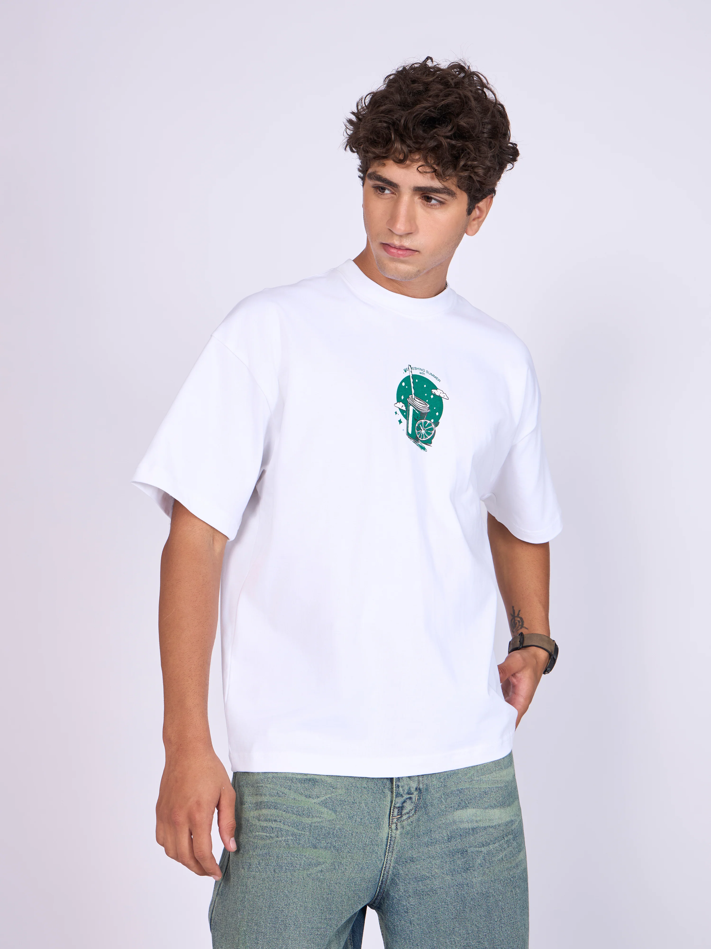Everston - Lemonade Printed Baggy T-Shirt - White - Image 4