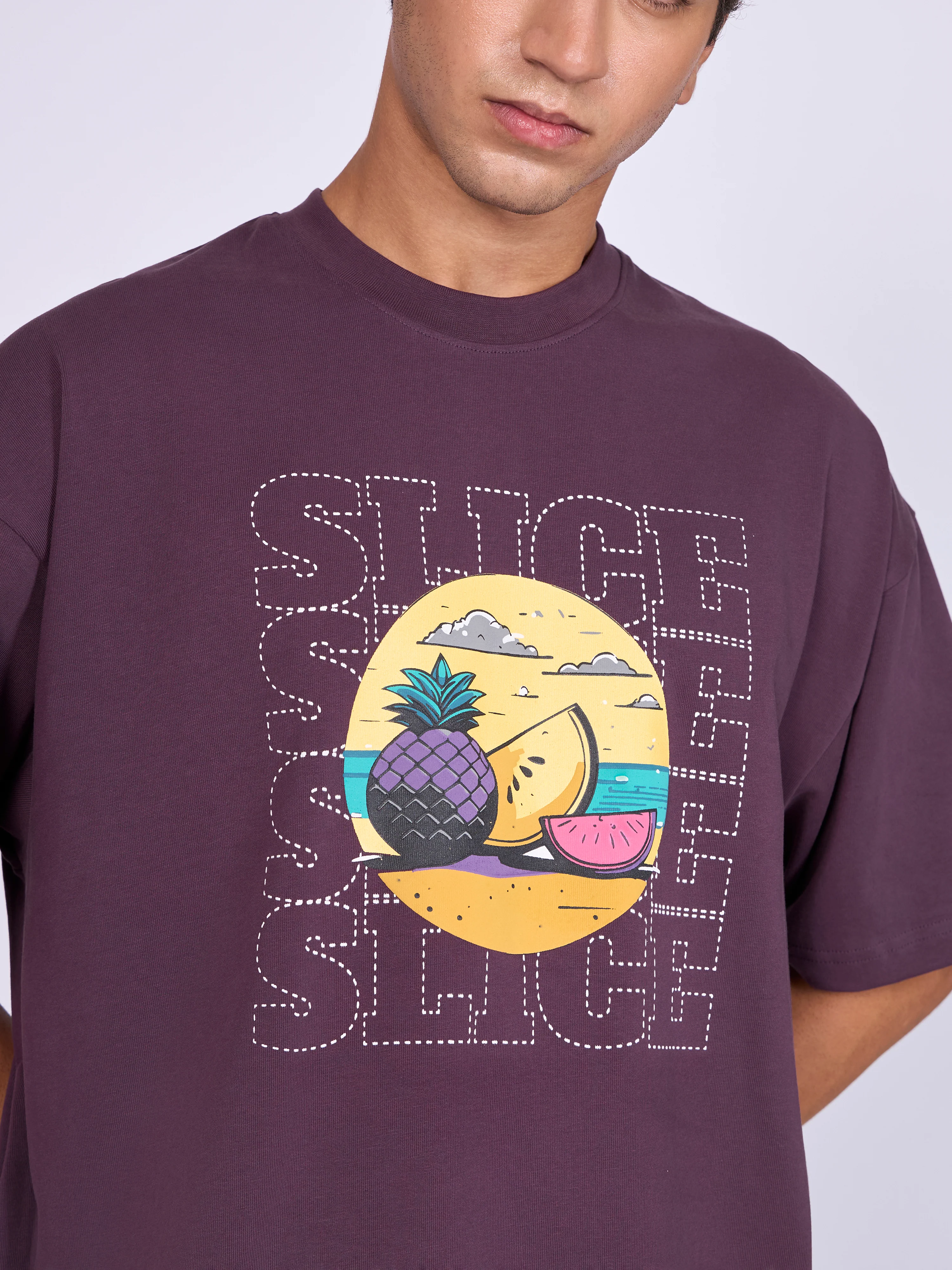 Everston - Slice Printed Baggy T-Shirt - Midnight Plum - Image 4