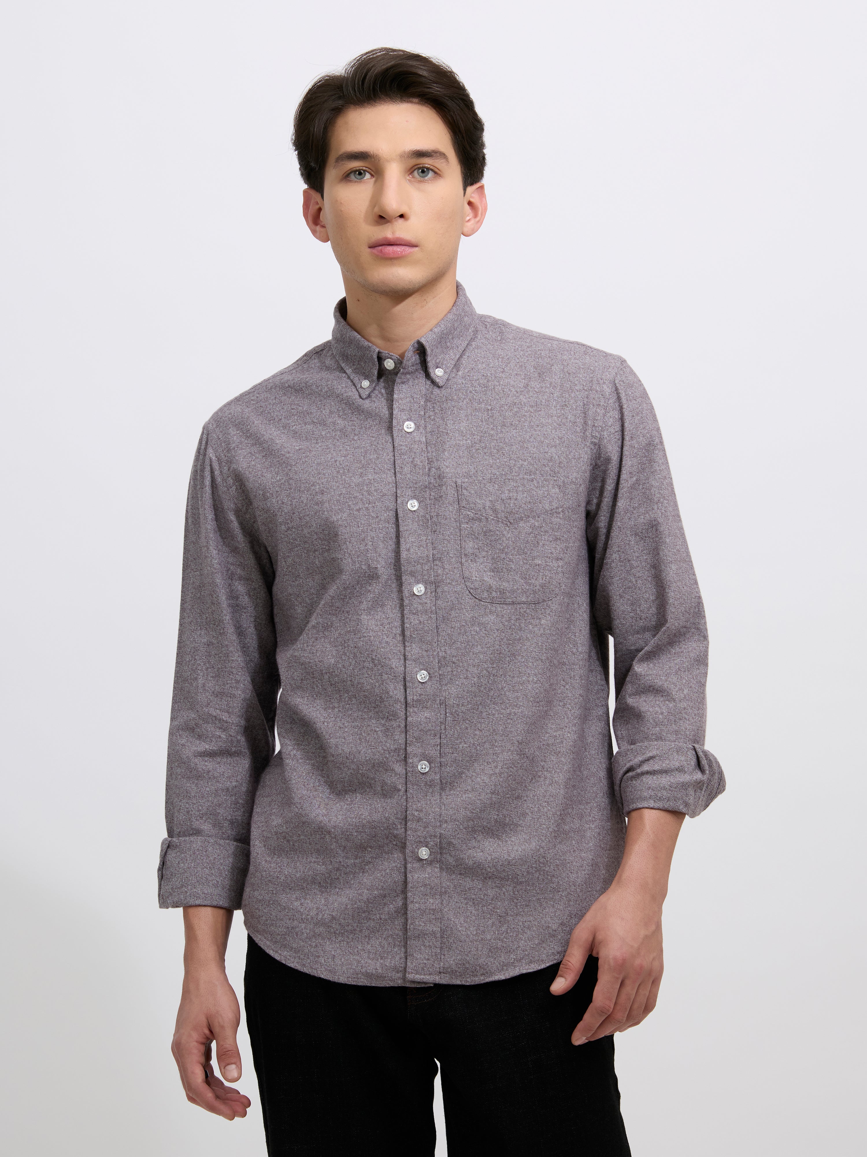 Floyd - Brushed Melange Plain Shirt - Brown - Image 3