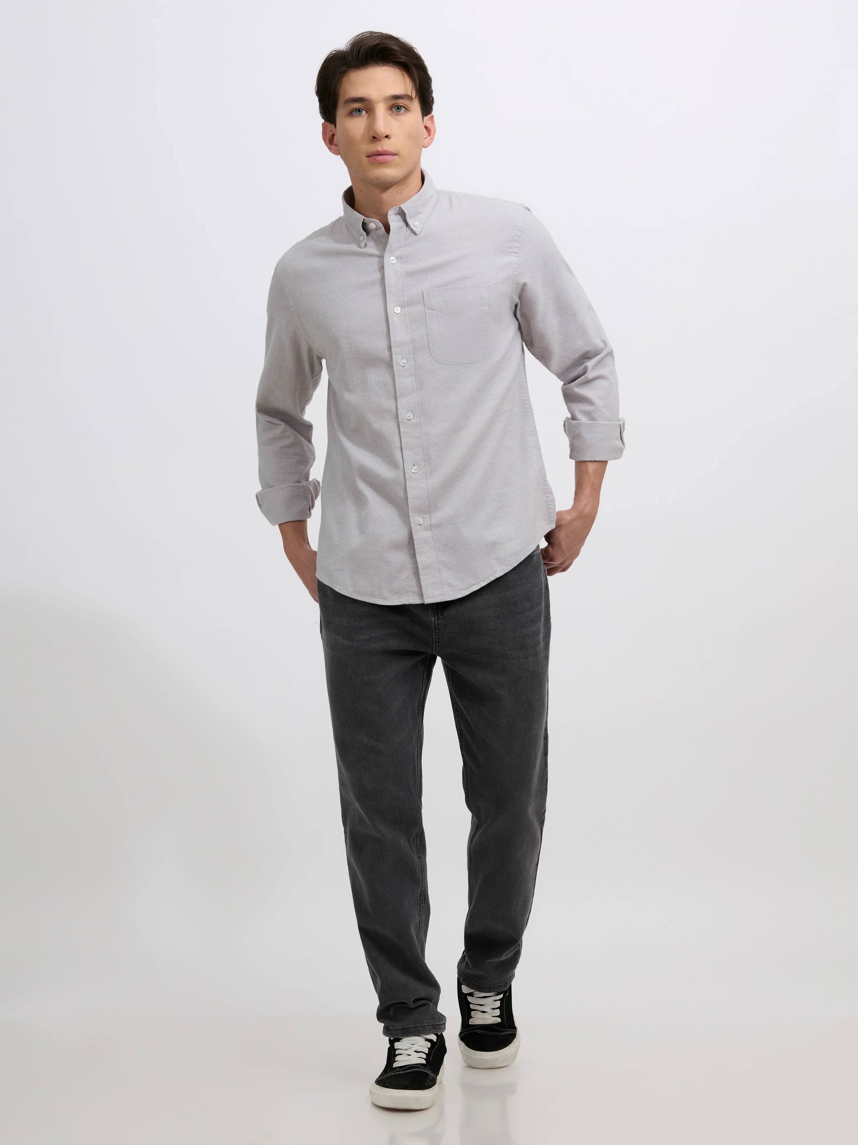 Floyd - Brushed Melange Plain Shirt - Light Grey - Image 2