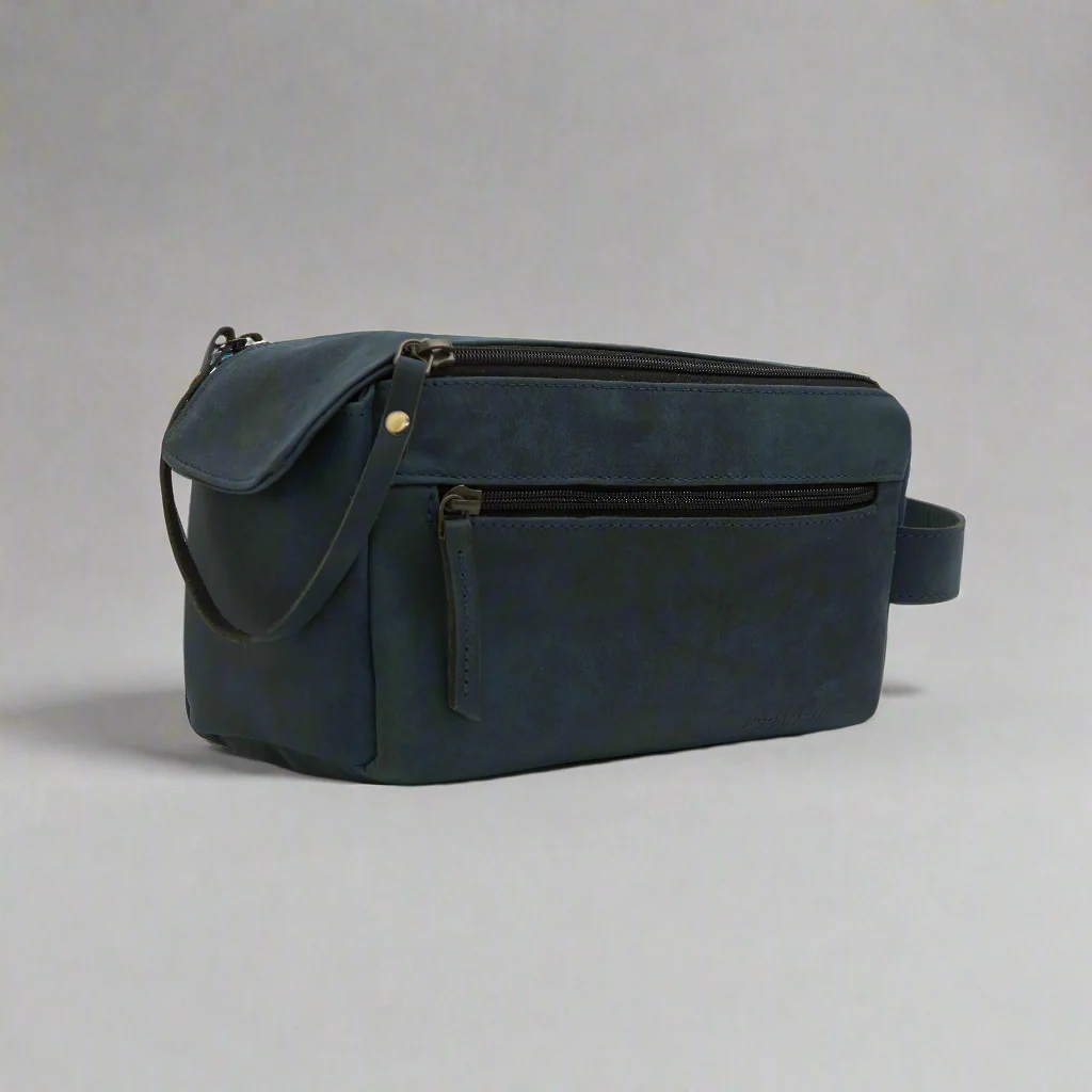 Godfrey - Leather Retro Dual Zipper Toiletry Bag - Blue