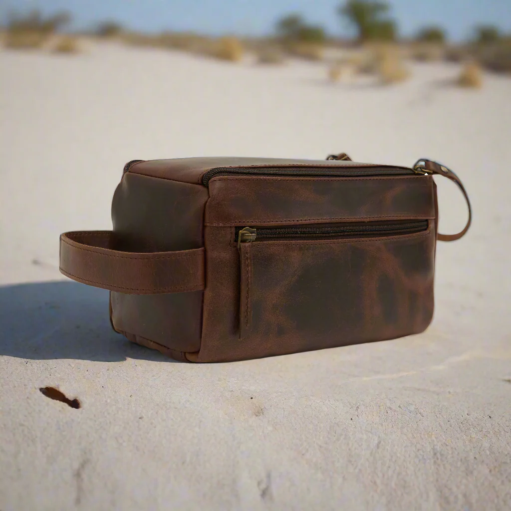 Godfrey - Leather Retro Dual Zipper Toiletry Bag - Brown
