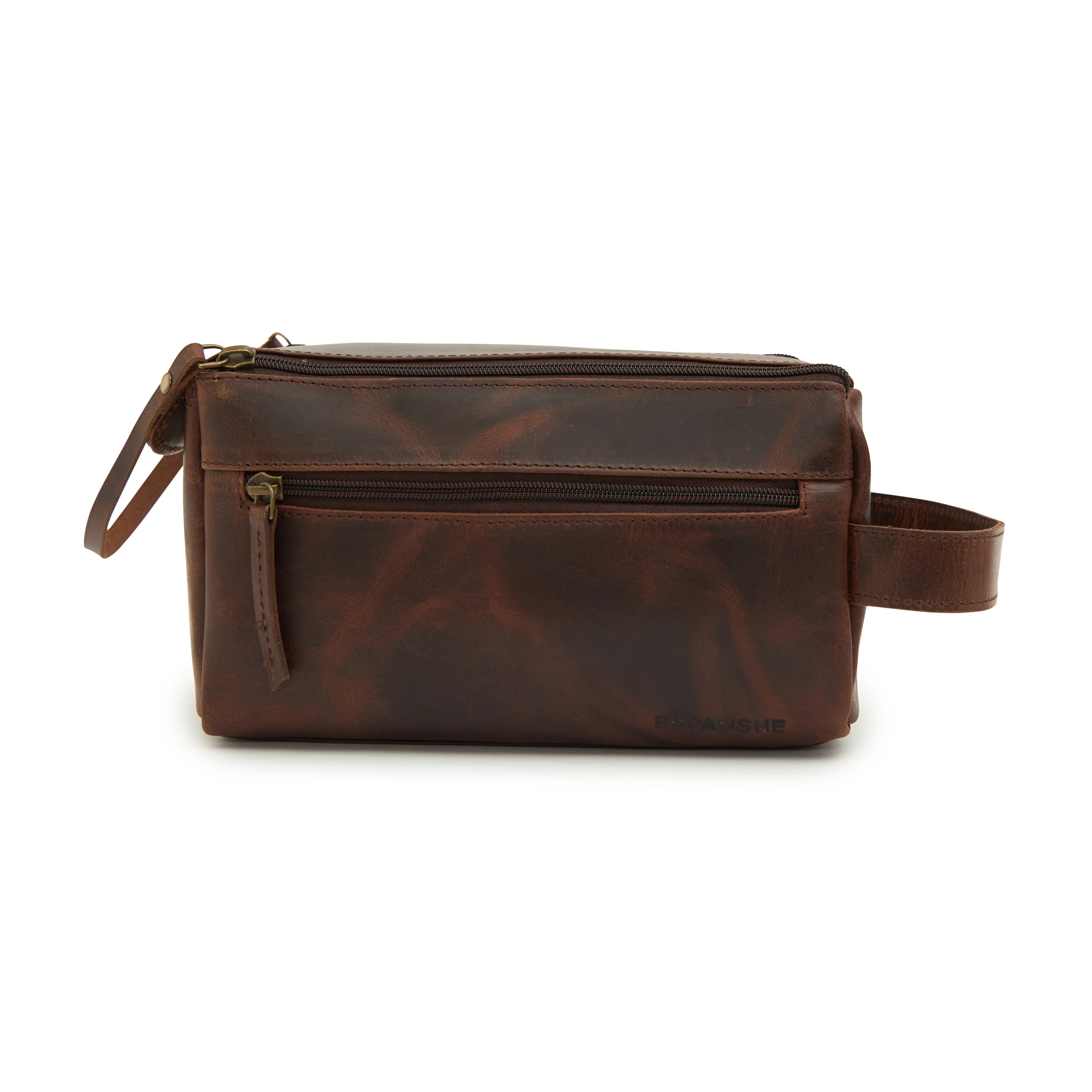 Godfrey - Leather Retro Dual Zipper Toiletry Bag - Brown - Image 2