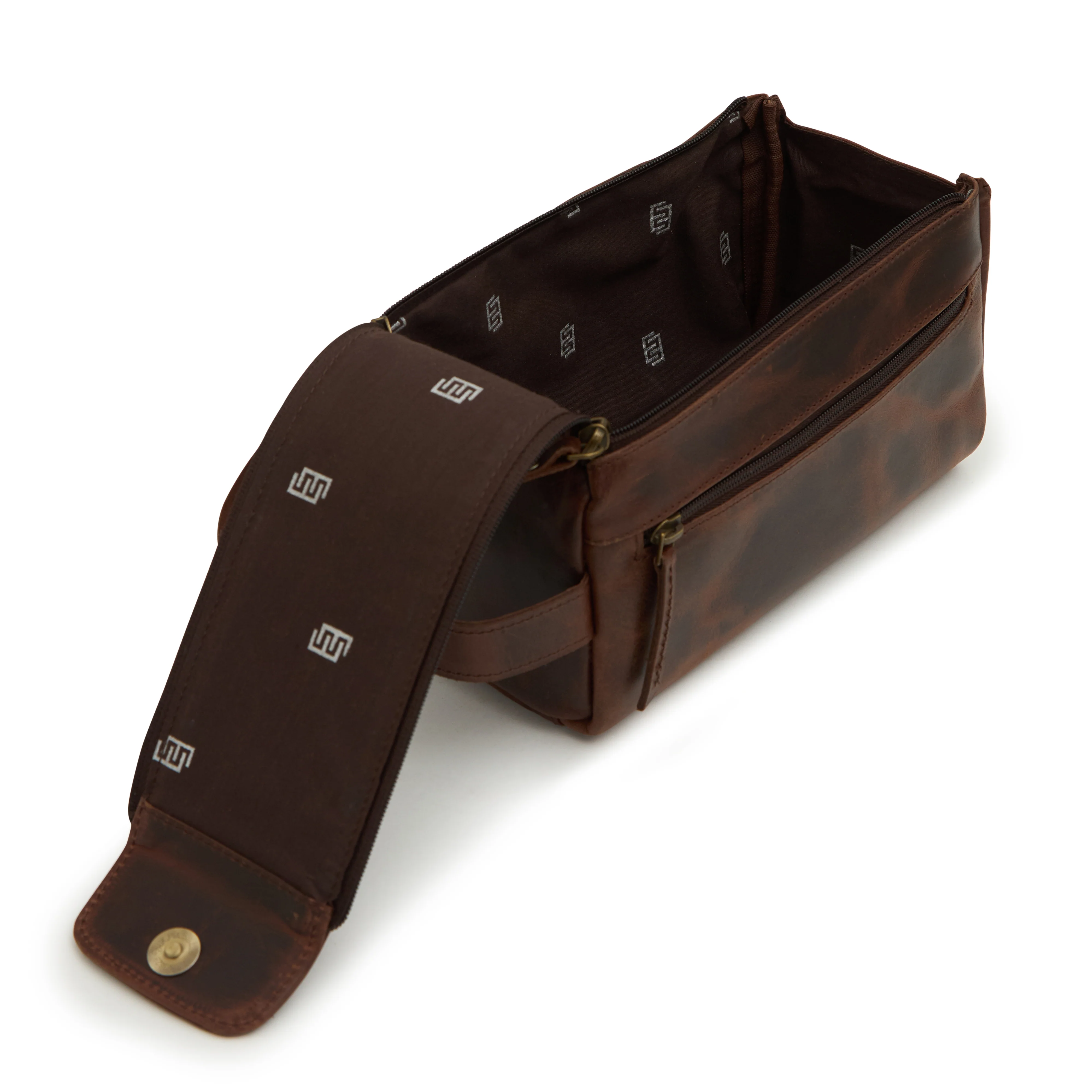 Godfrey - Leather Retro Dual Zipper Toiletry Bag - Brown - Image 3