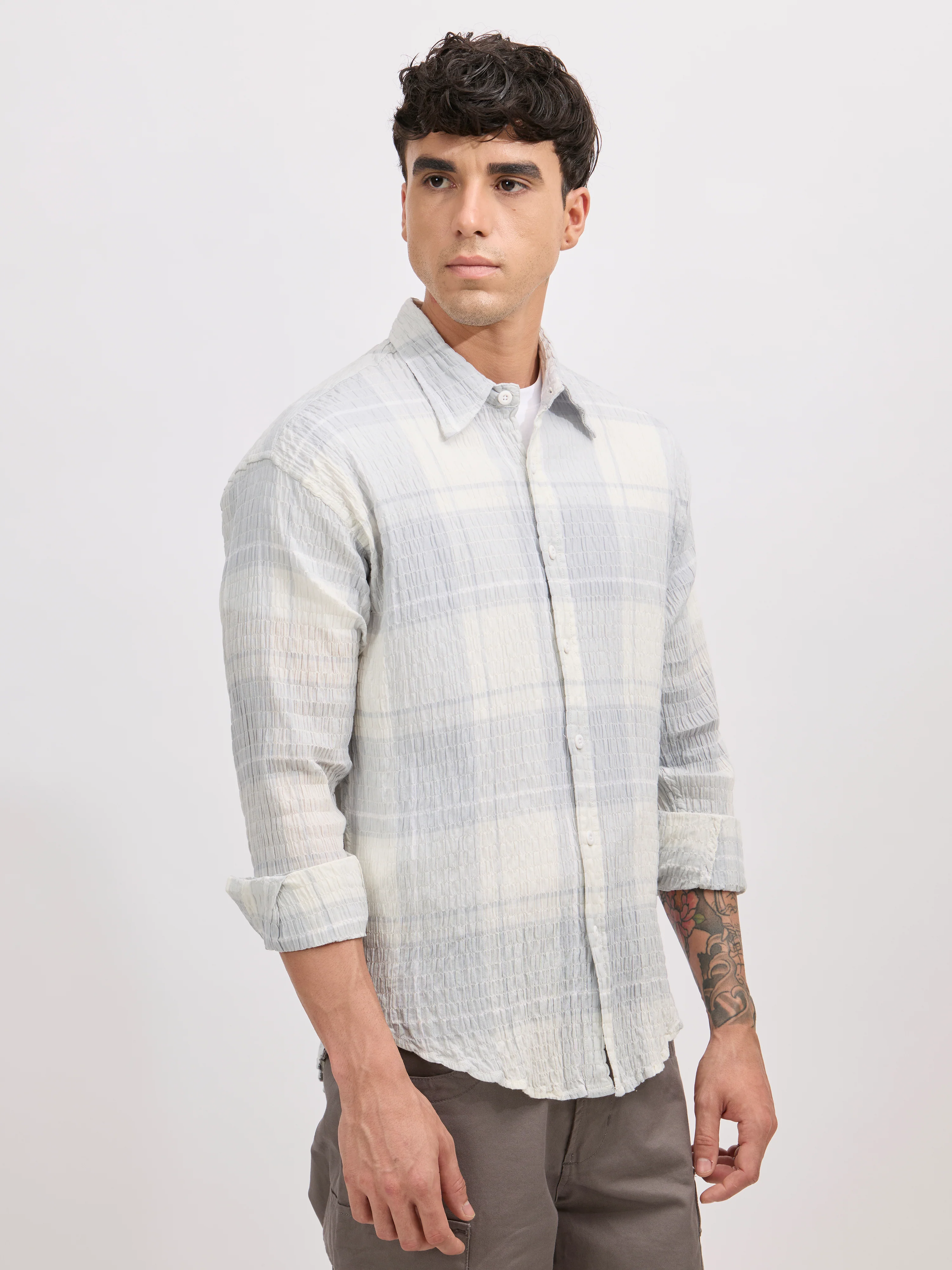 Golden Dragon - Seersucker Check Shirt - Pale Blue - Image 4