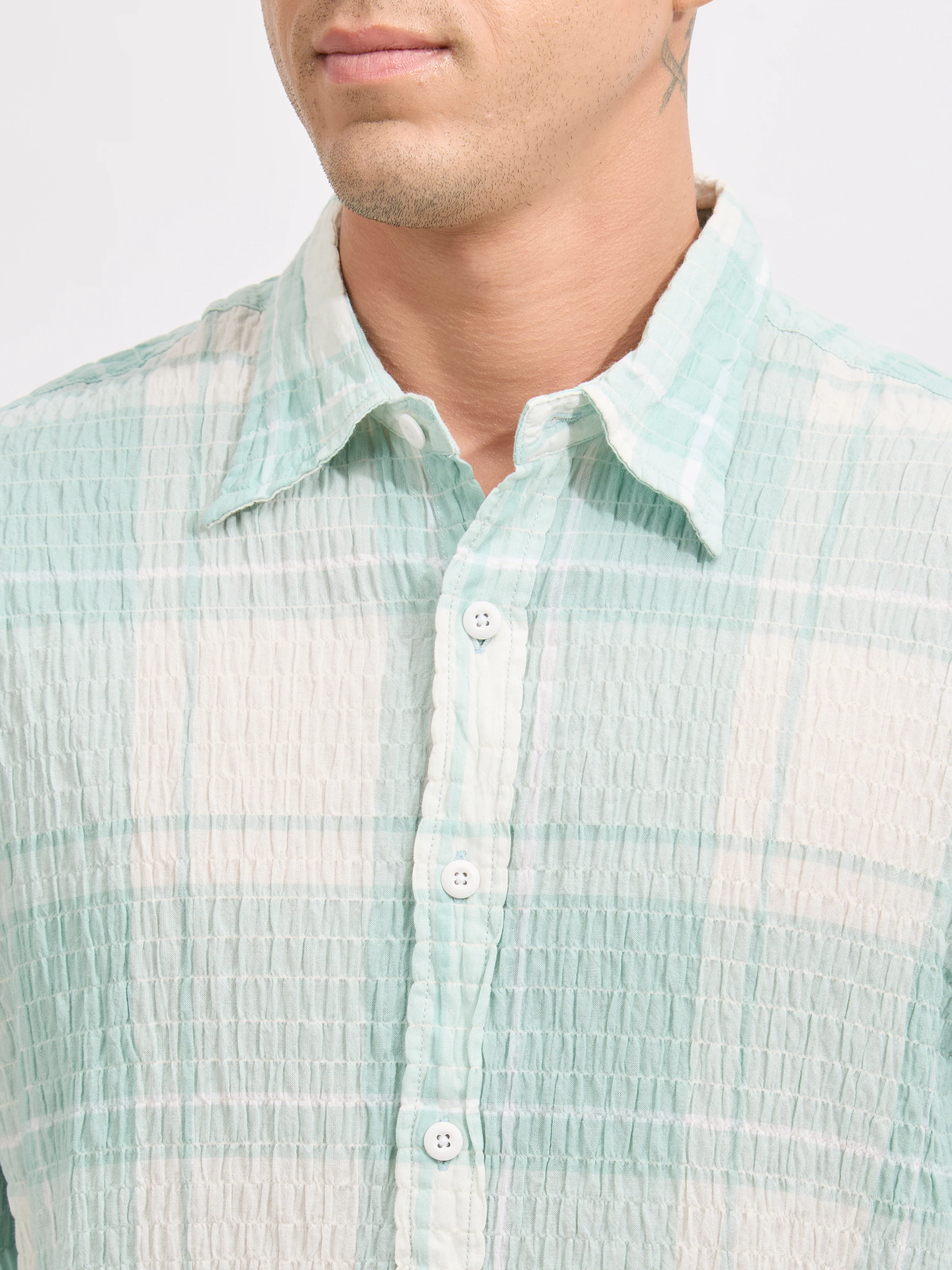 Golden Dragon - Seersucker Check Shirt - Pale Green - Image 3