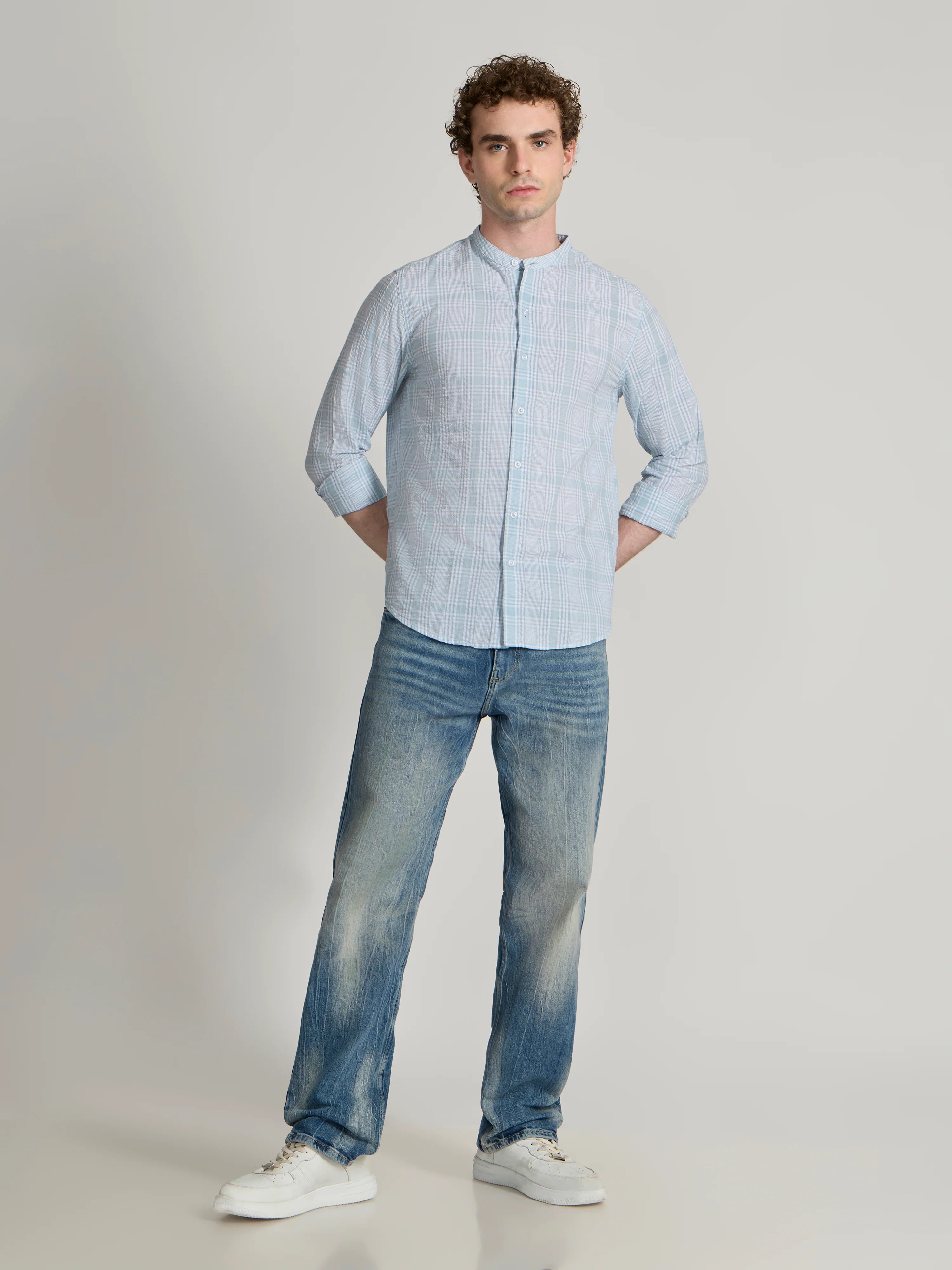 Hadrian - Band Collar Checks Shirt - Blue - Image 2